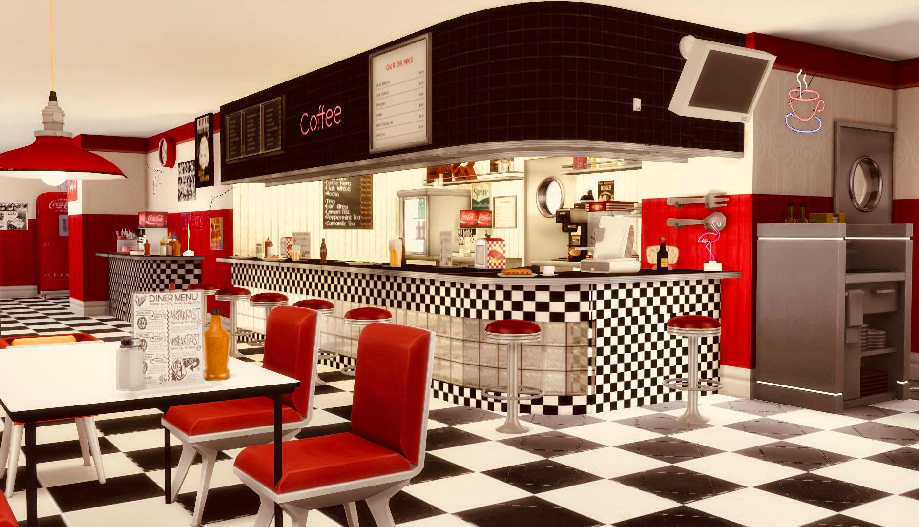 50s diner, red chairs, black and white checkered floors, HD Desktop Wallpaper