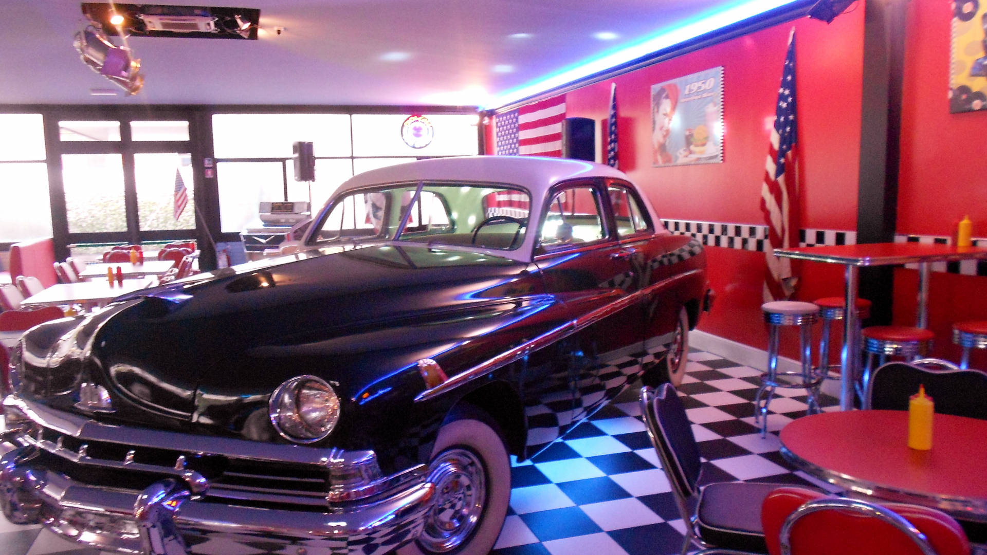 1950s classic car, glossy black, neon lights, Full HD Desktop Wallpaper