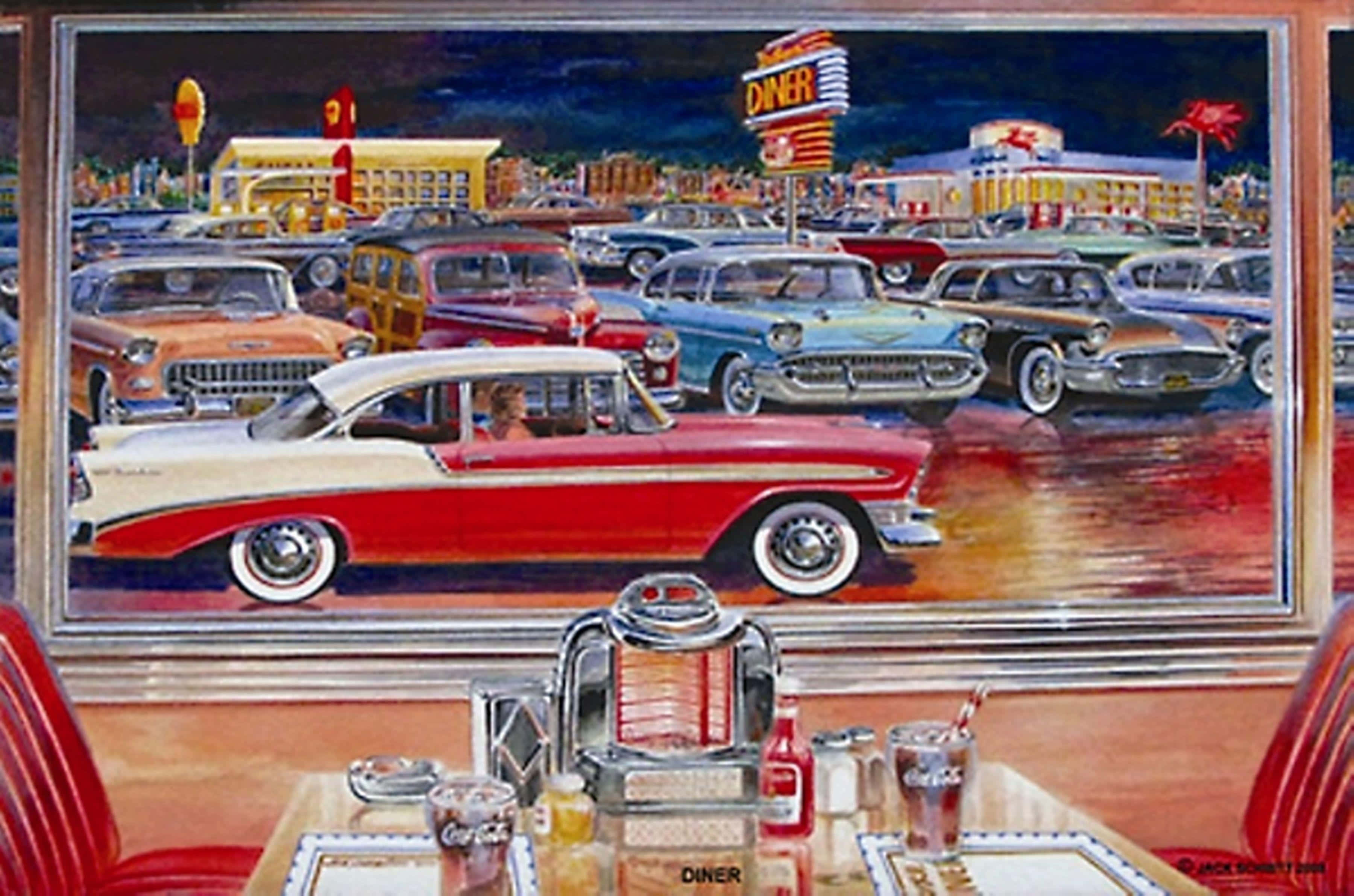 retro diner, vintage cars, neon-lit diner, 2K Desktop Wallpaper