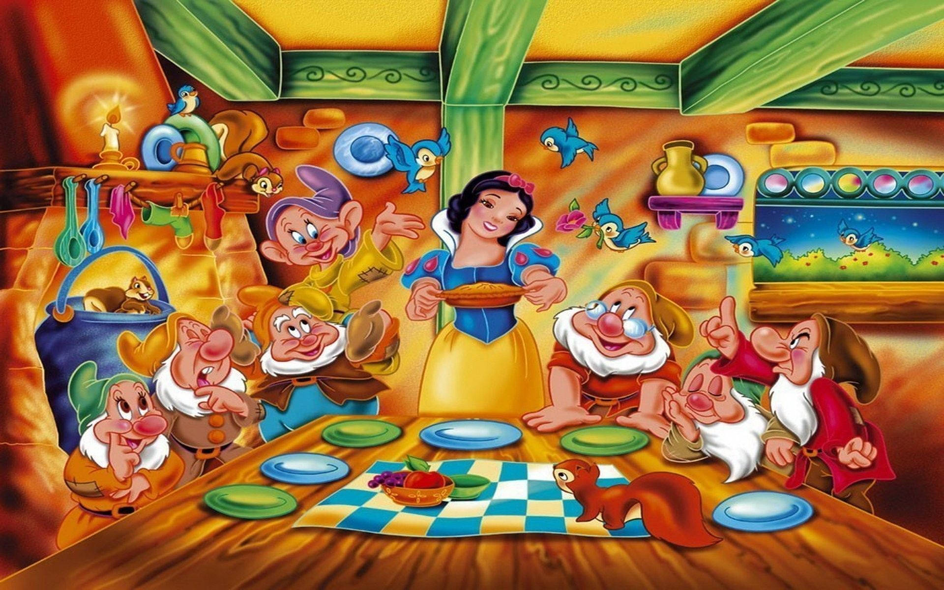 Snow White, seven dwarfs, cozy cottage, Full HD Desktop Wallpaper