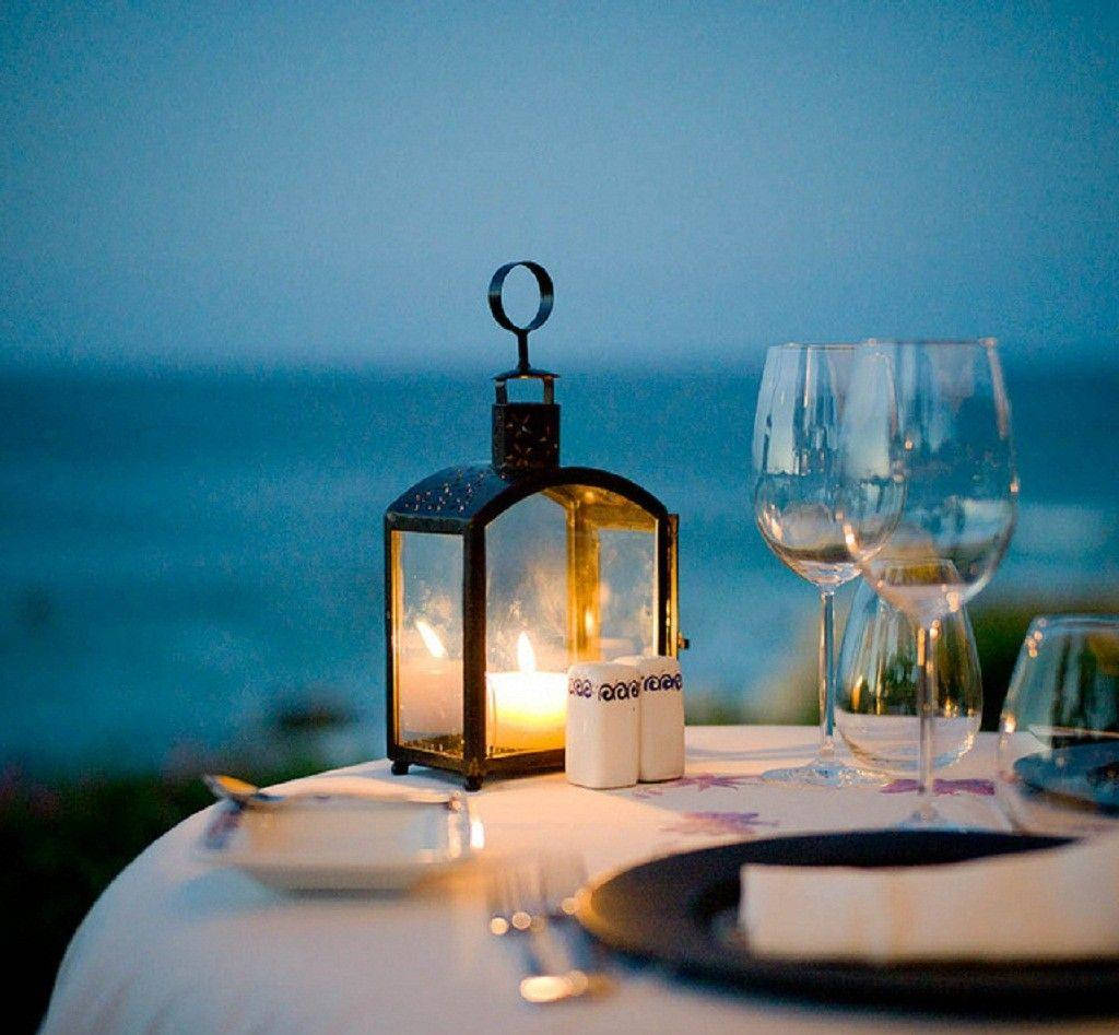 candlelit lantern, set table, tranquil ocean, SD Desktop Wallpaper