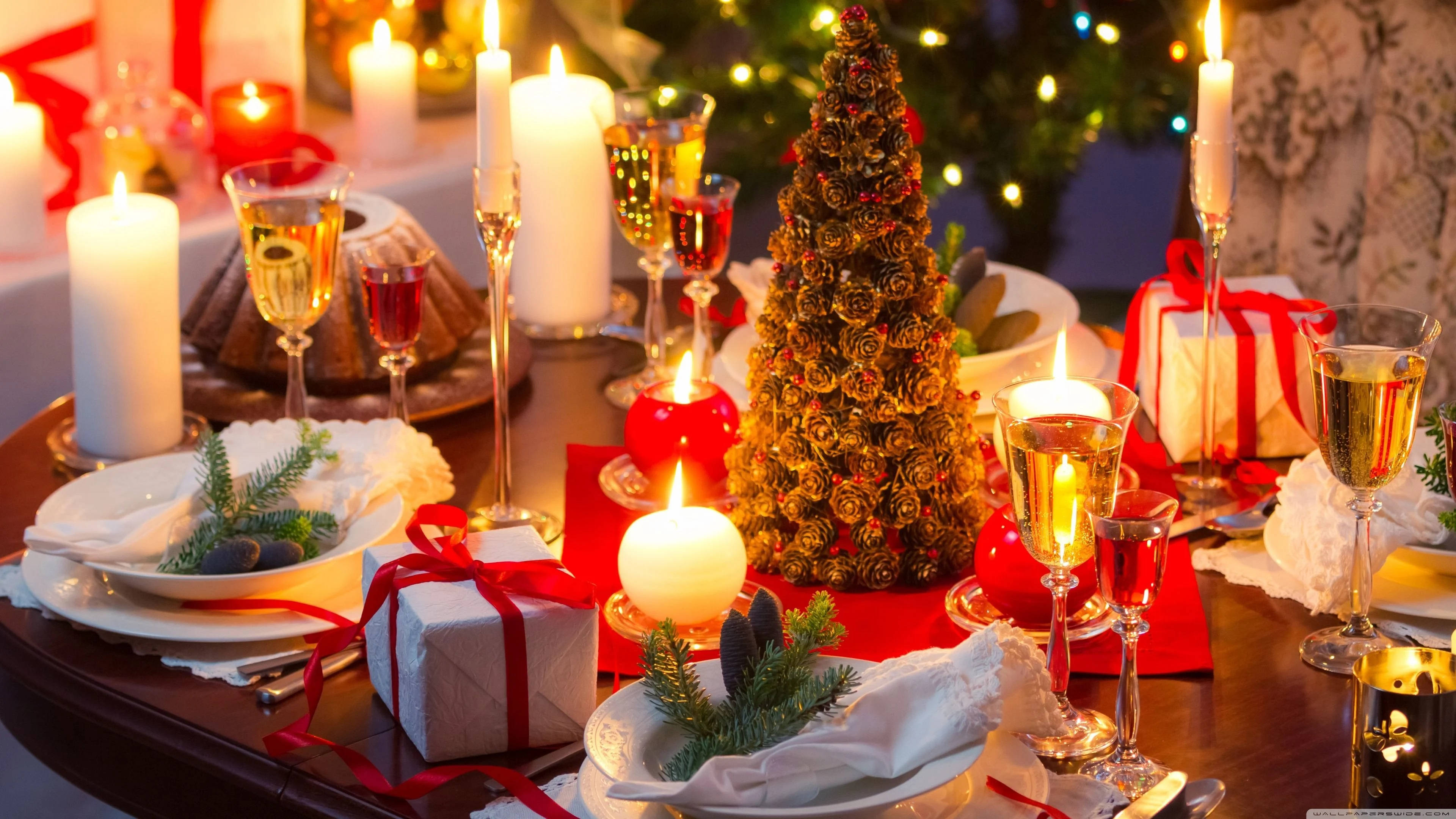 candle light, Christmas dinner table setting, candles, 4K Desktop Wallpaper
