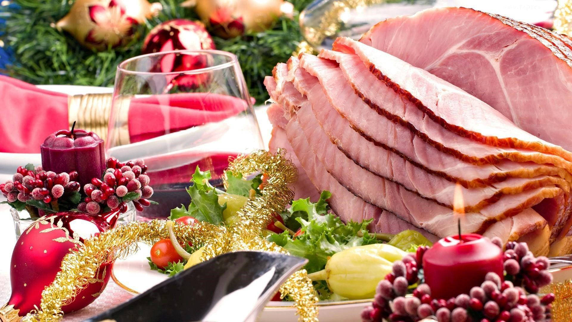 ham slices, Christmas dinner, red ornaments, Full HD Desktop Wallpaper