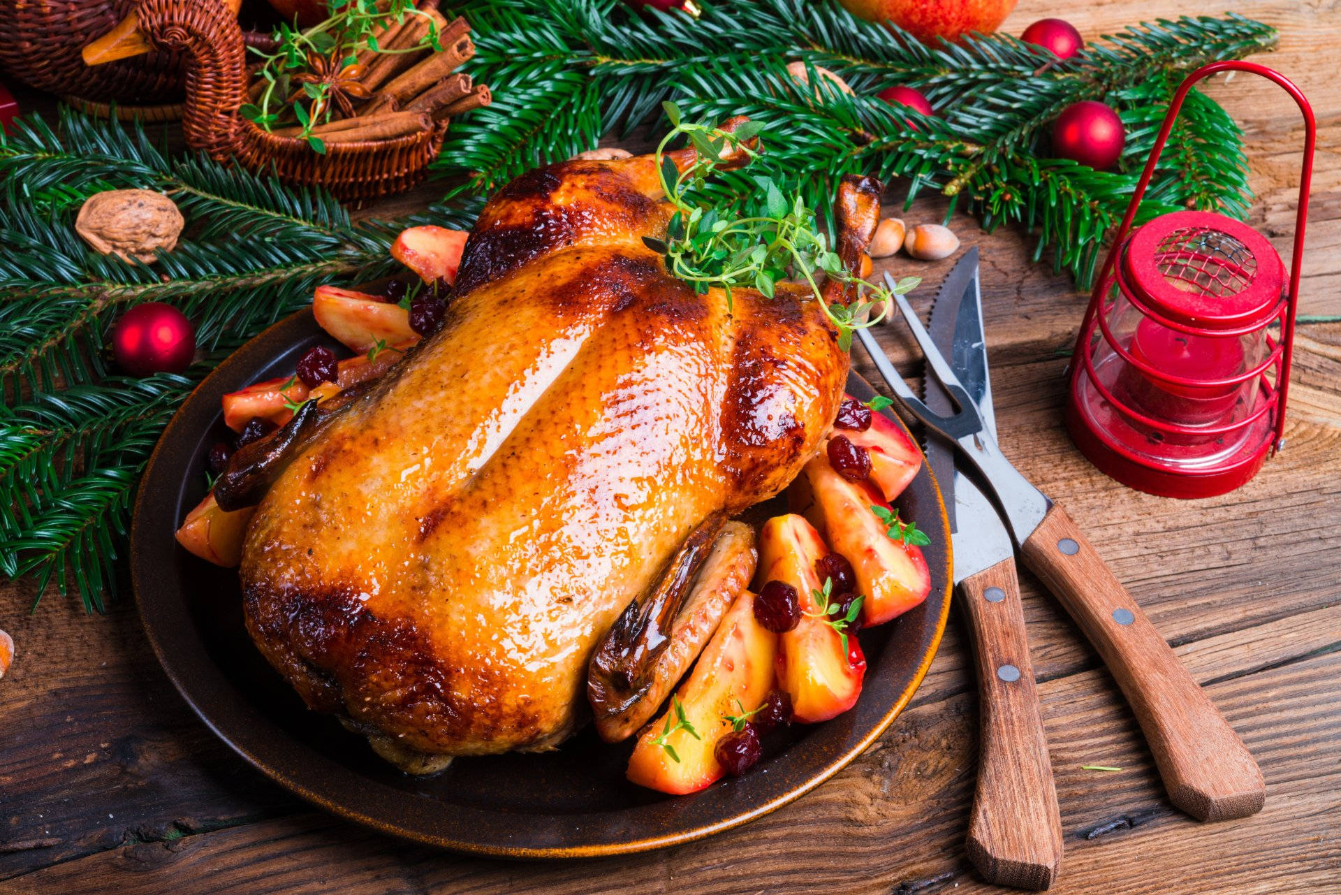 roasted turkey, rustic wooden table, pine branches, Full HD Desktop Wallpaper