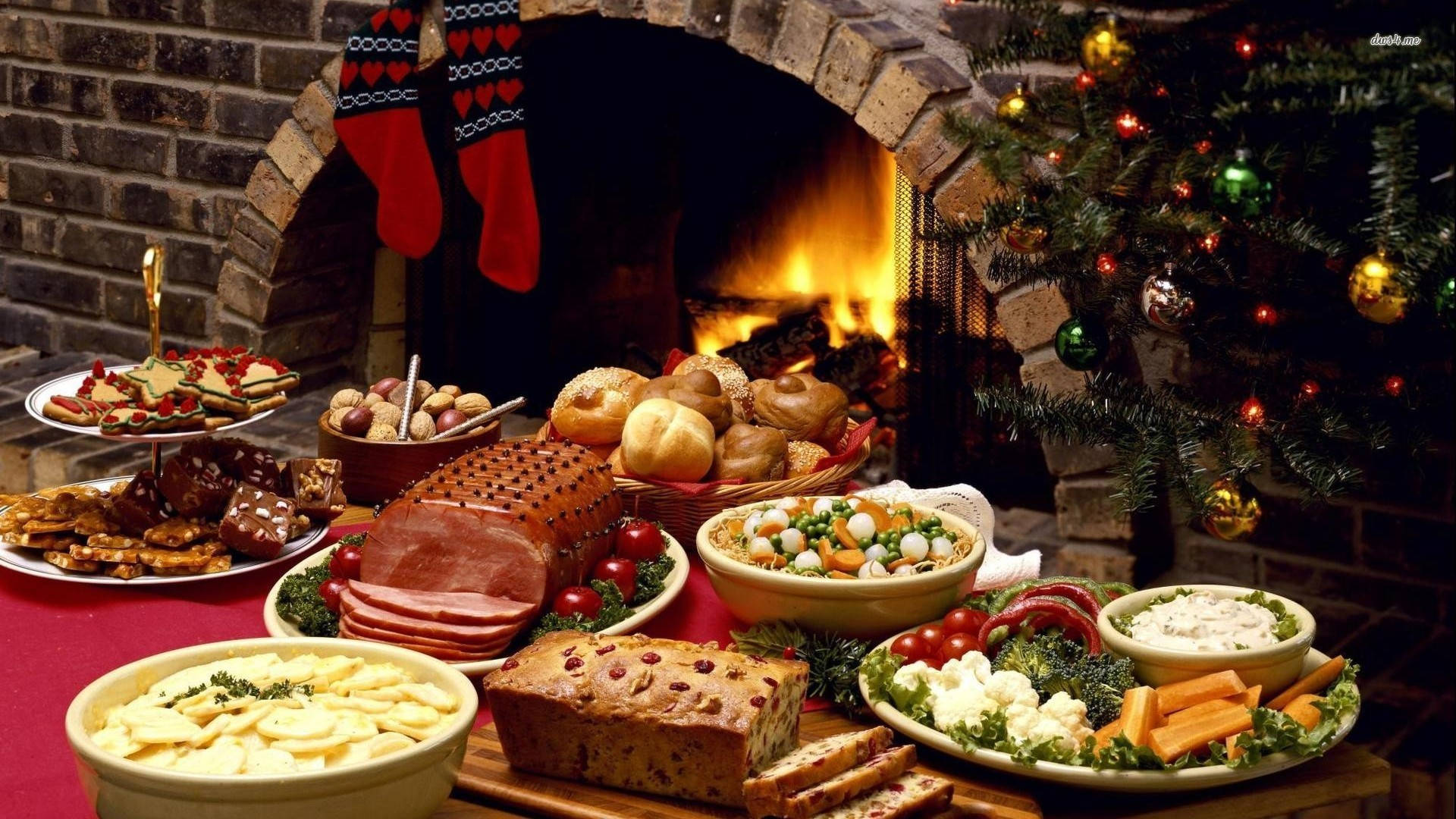 Christmas feast, crackling fireplace, stockings, Full HD Desktop Wallpaper