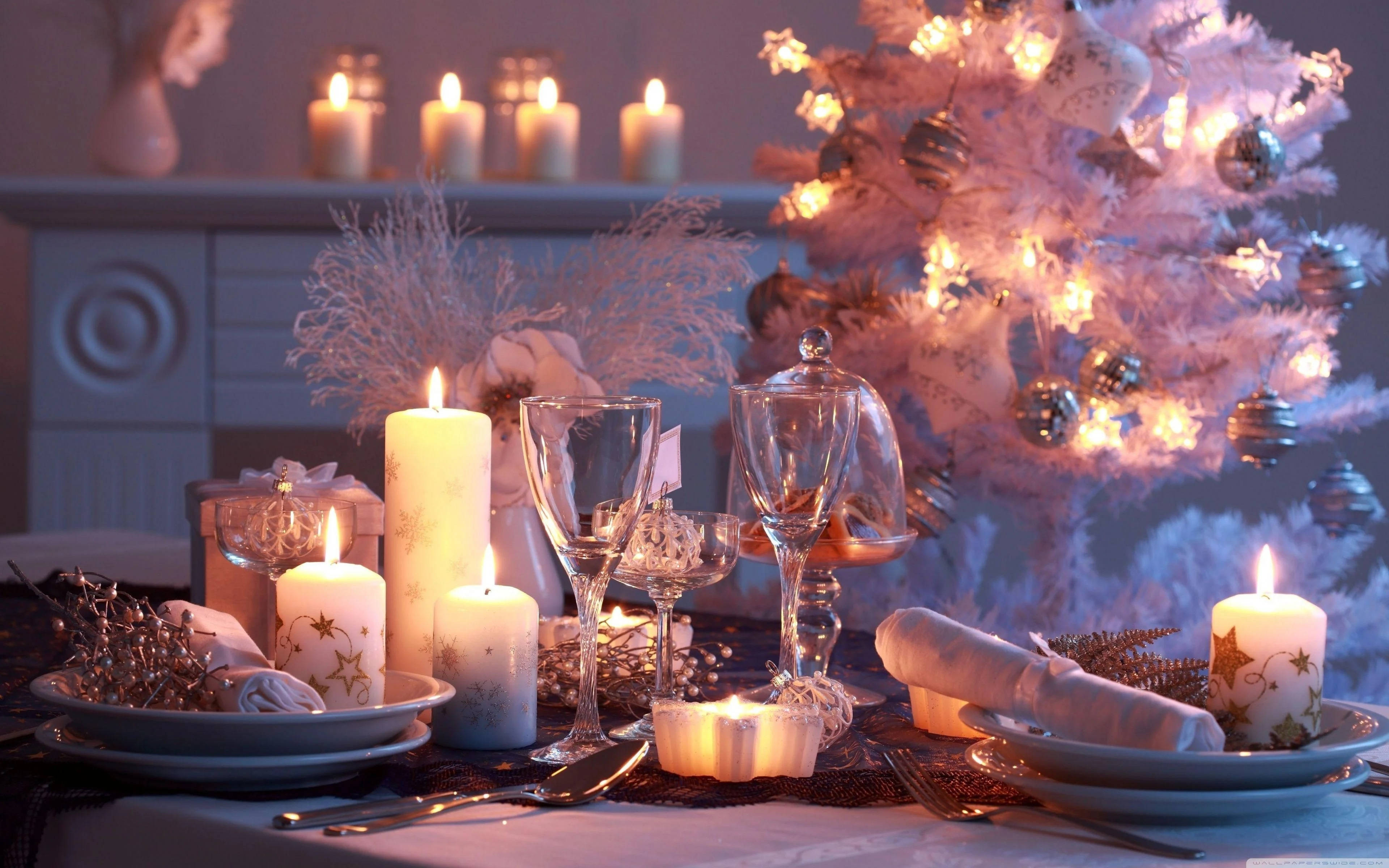 candles, candlelit dinner, white Christmas tree, 4K Desktop Wallpaper