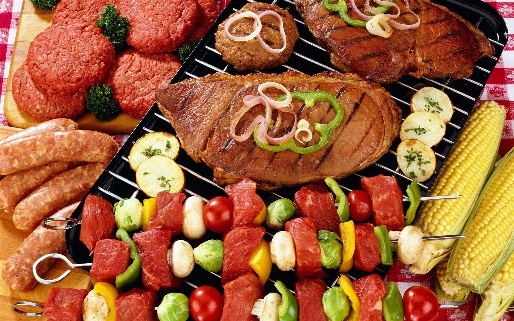 grilled meat, skewers, sizzling grill, HD Desktop Wallpaper