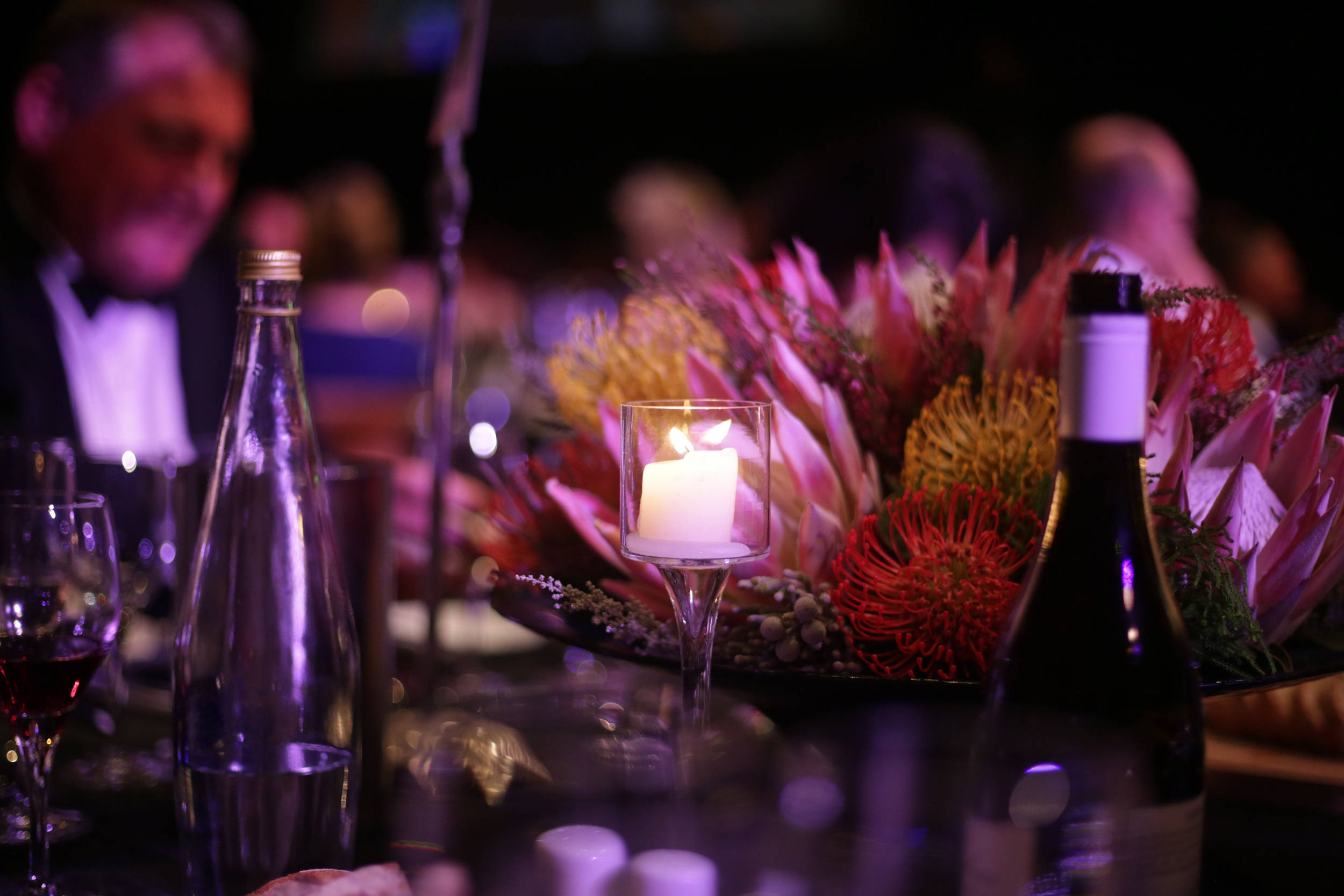 dinner table, floral centerpiece, candle, Full HD Desktop Wallpaper