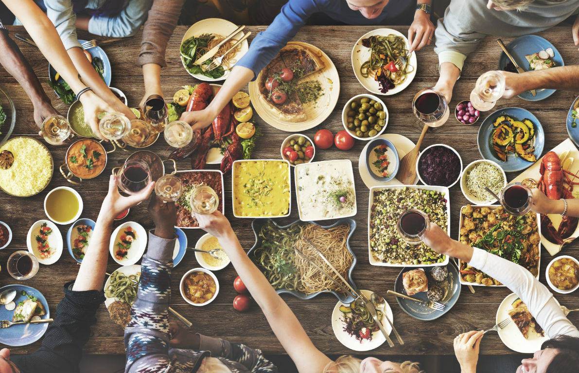 Festive Dinner And Celebration, top-down view, diverse people, SD Desktop Wallpaper
