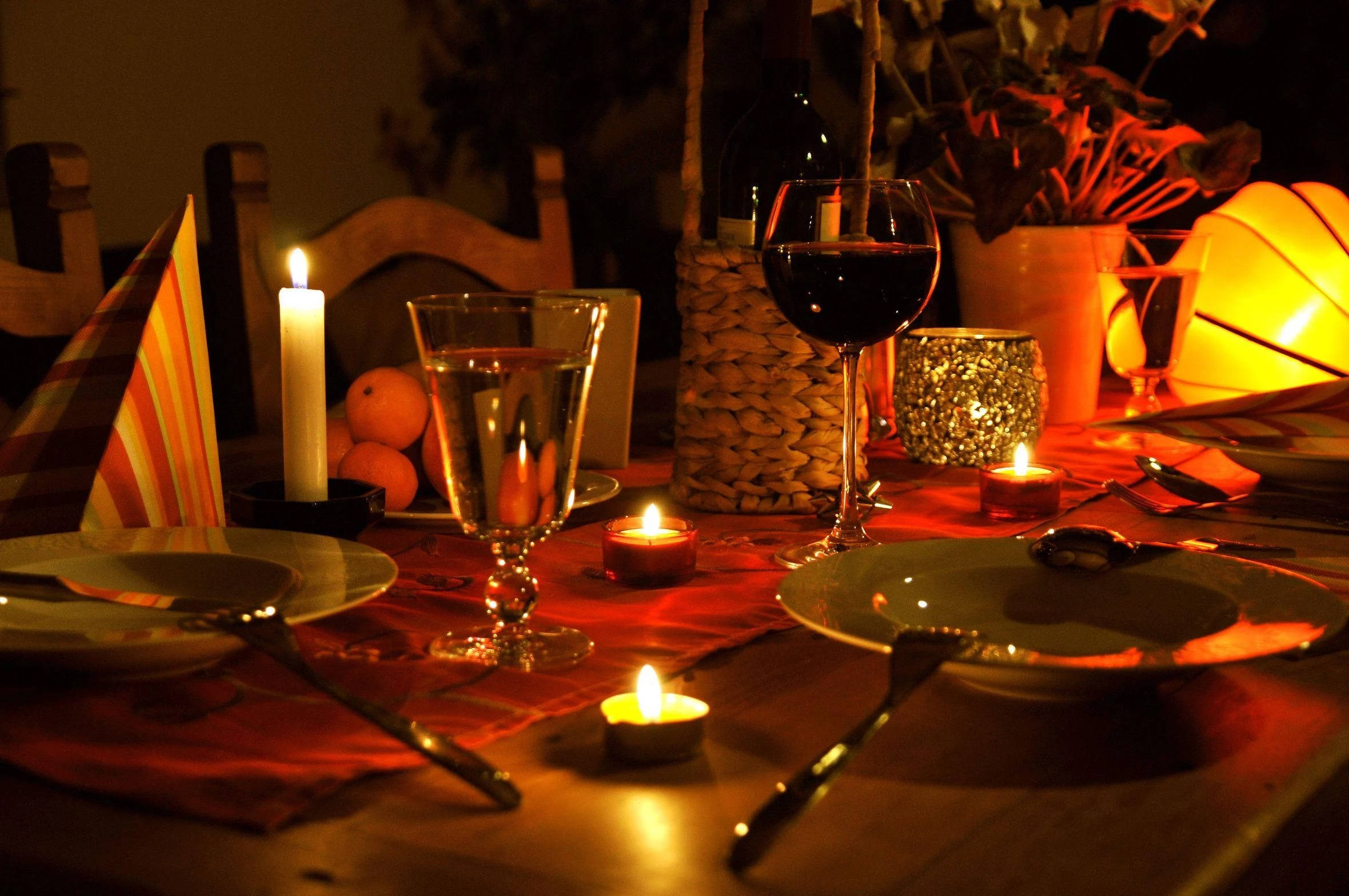 dining table, candles, wine, Full HD Desktop Wallpaper