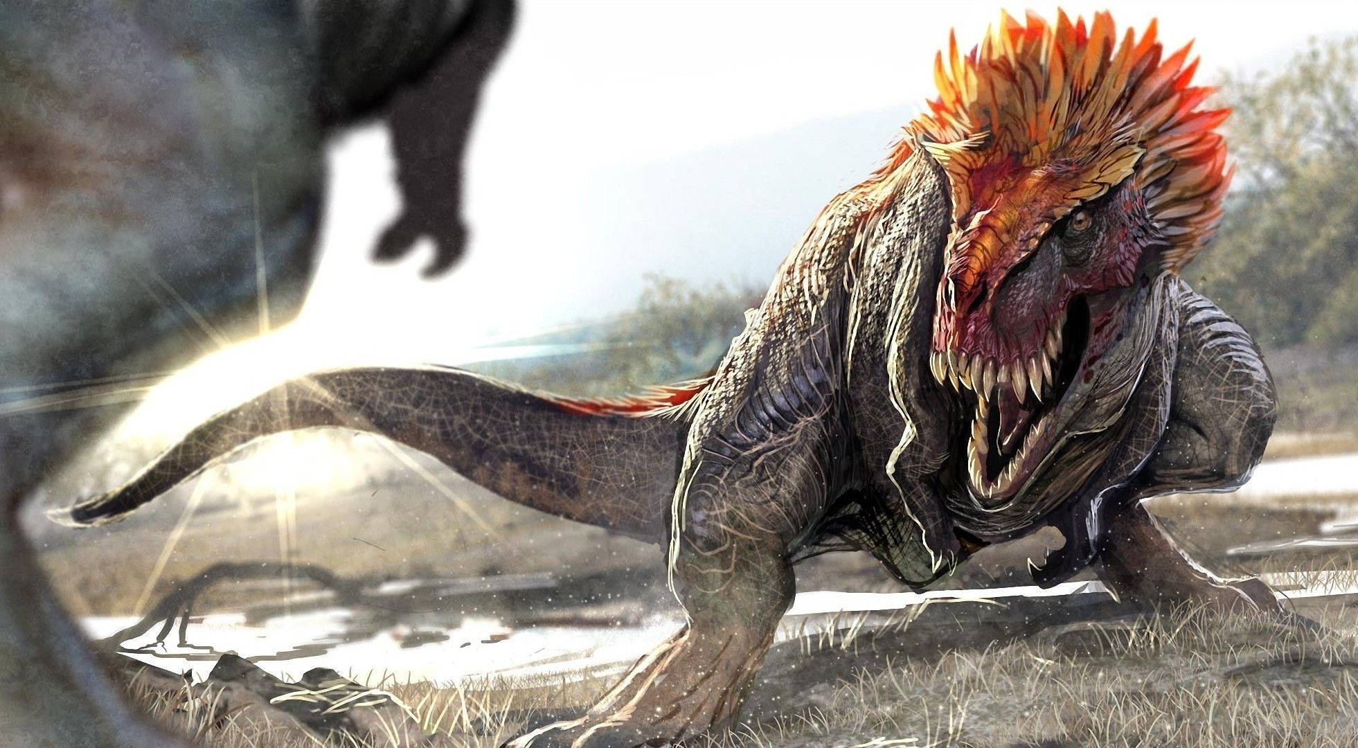 vicious dinosaur, fiery orange crest, sunlit grassy plain, Full HD Desktop Wallpaper