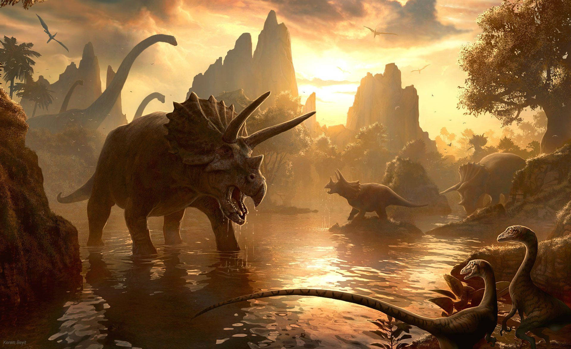 triceratops, sunset, misty prehistoric valley, HD Desktop Wallpaper
