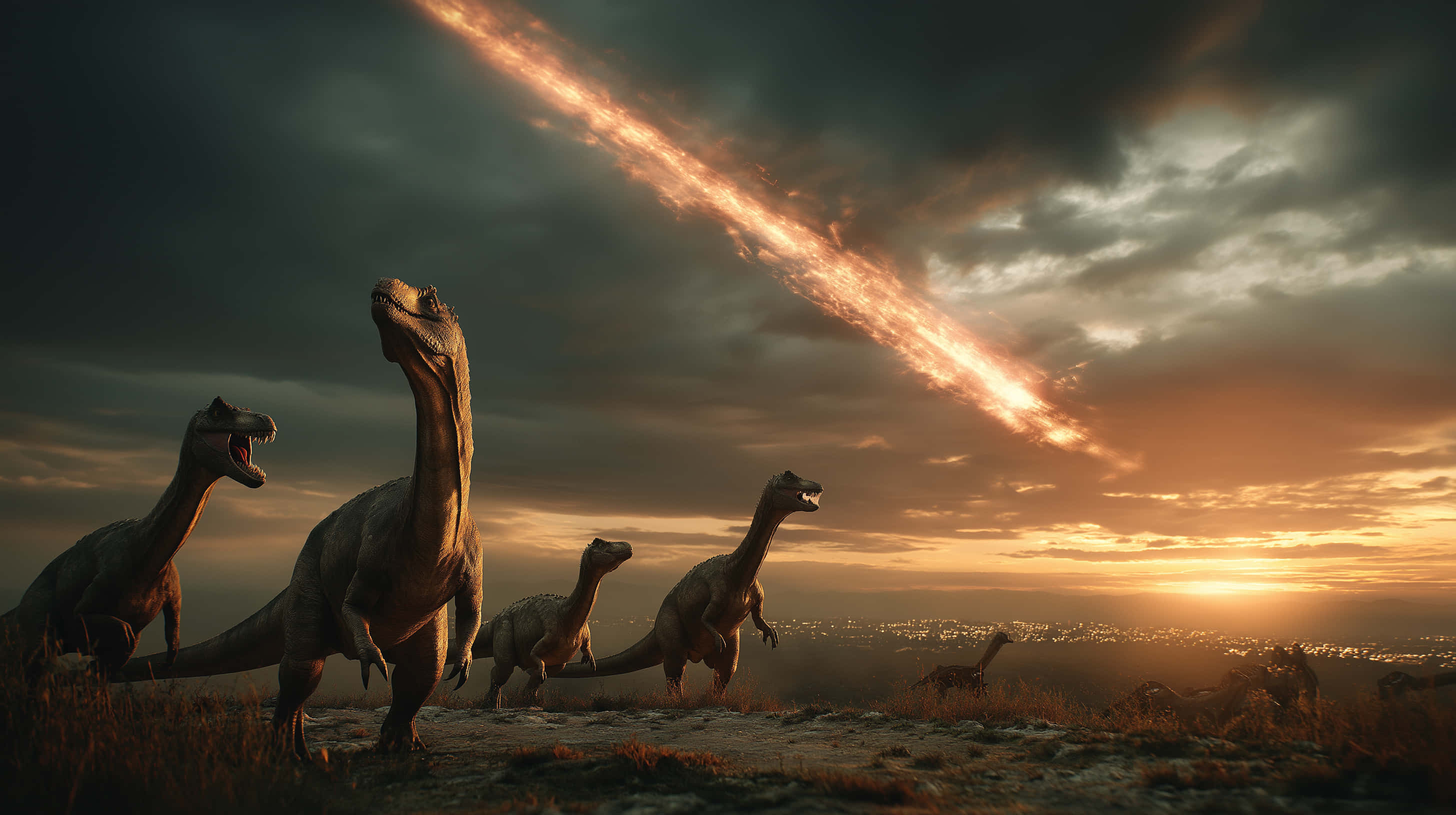 long neck dinosaurs, meteor, dusk sky, 2K Desktop Wallpaper