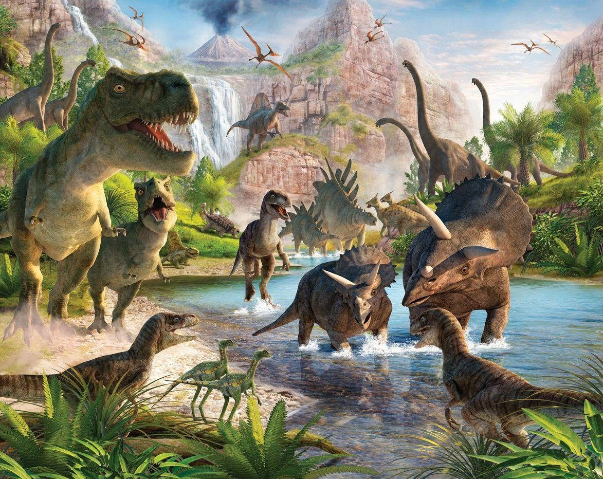 dinosaur, river, lush valley, SD Desktop Wallpaper