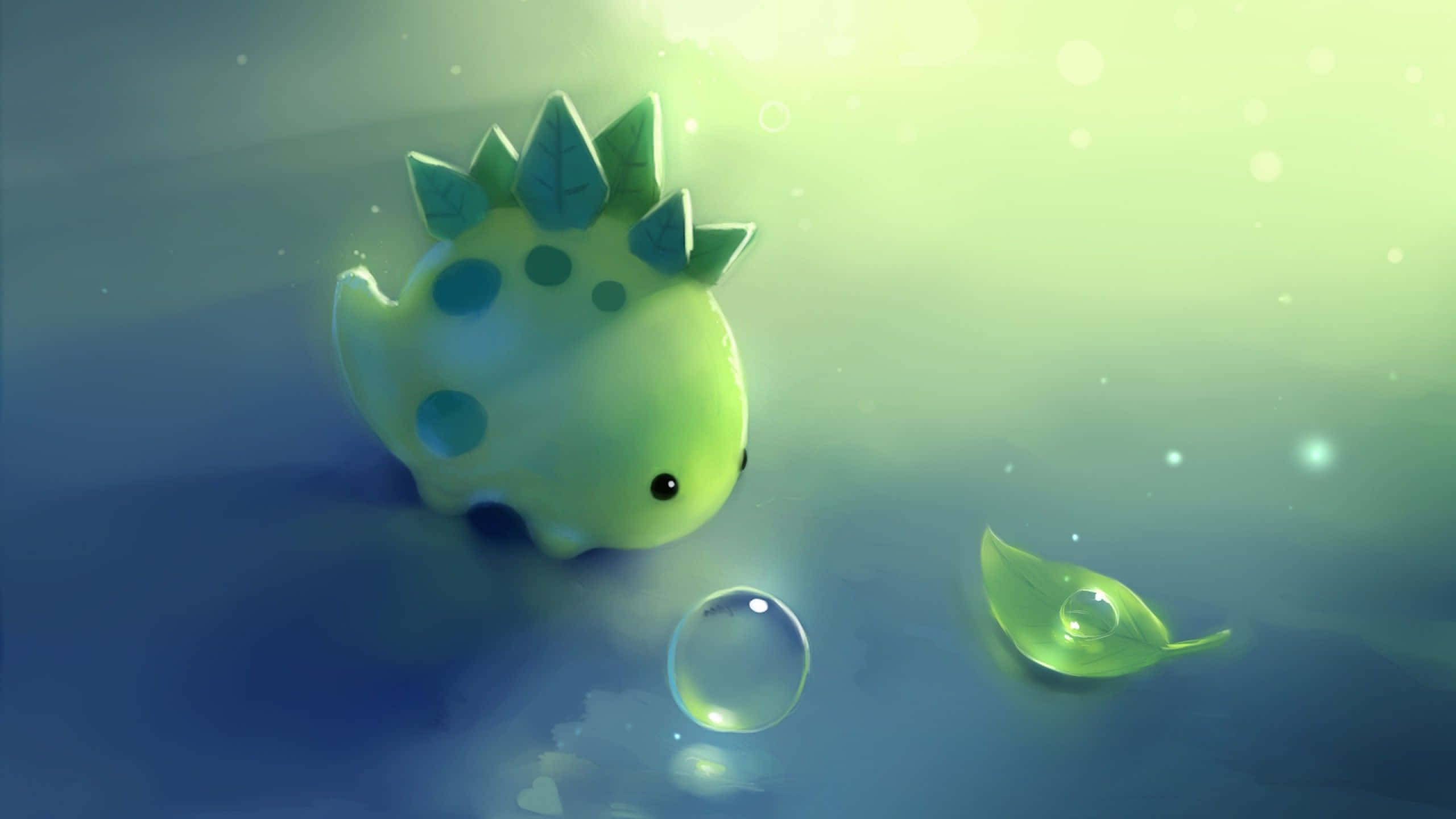 Baby Green Cute Dinosaur, spiky creature, blue spots, 2K Desktop Wallpaper
