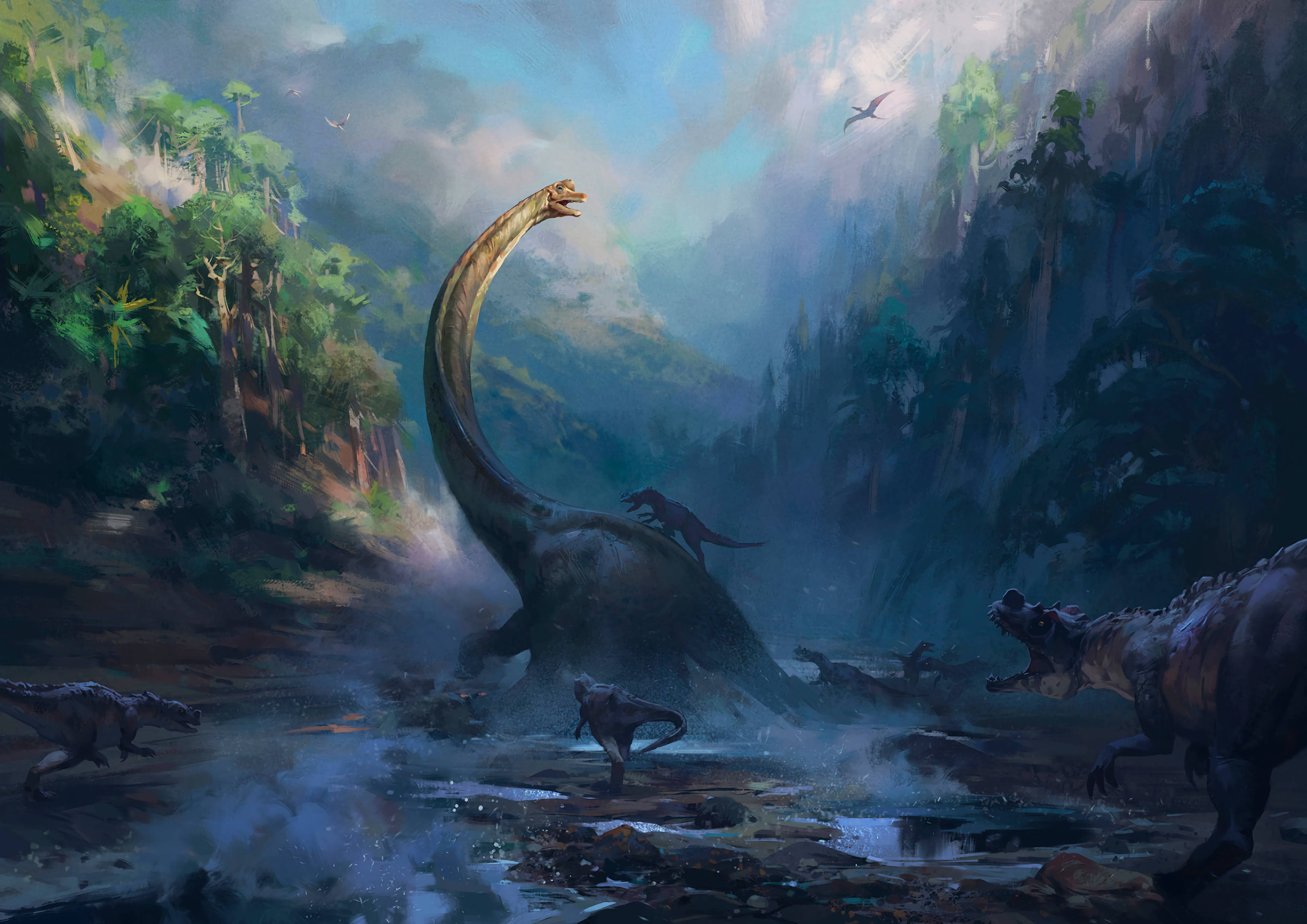 Predator dinosaur, long-necked dinosaur, misty river valley, 2K Desktop Wallpaper