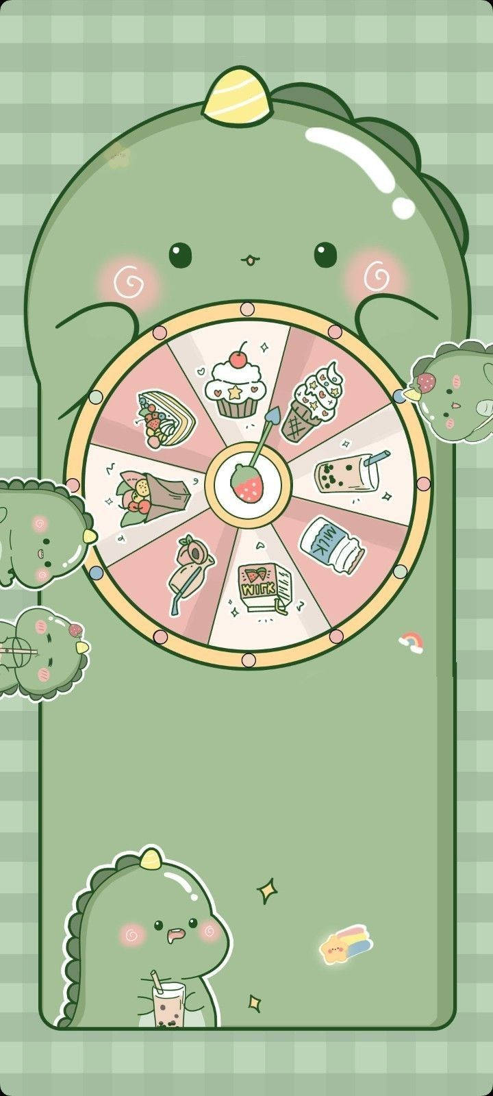 Spin-the-wheel Dino Kawaii, green dinosaur, pink wheel of desserts, HD Phone Wallpaper