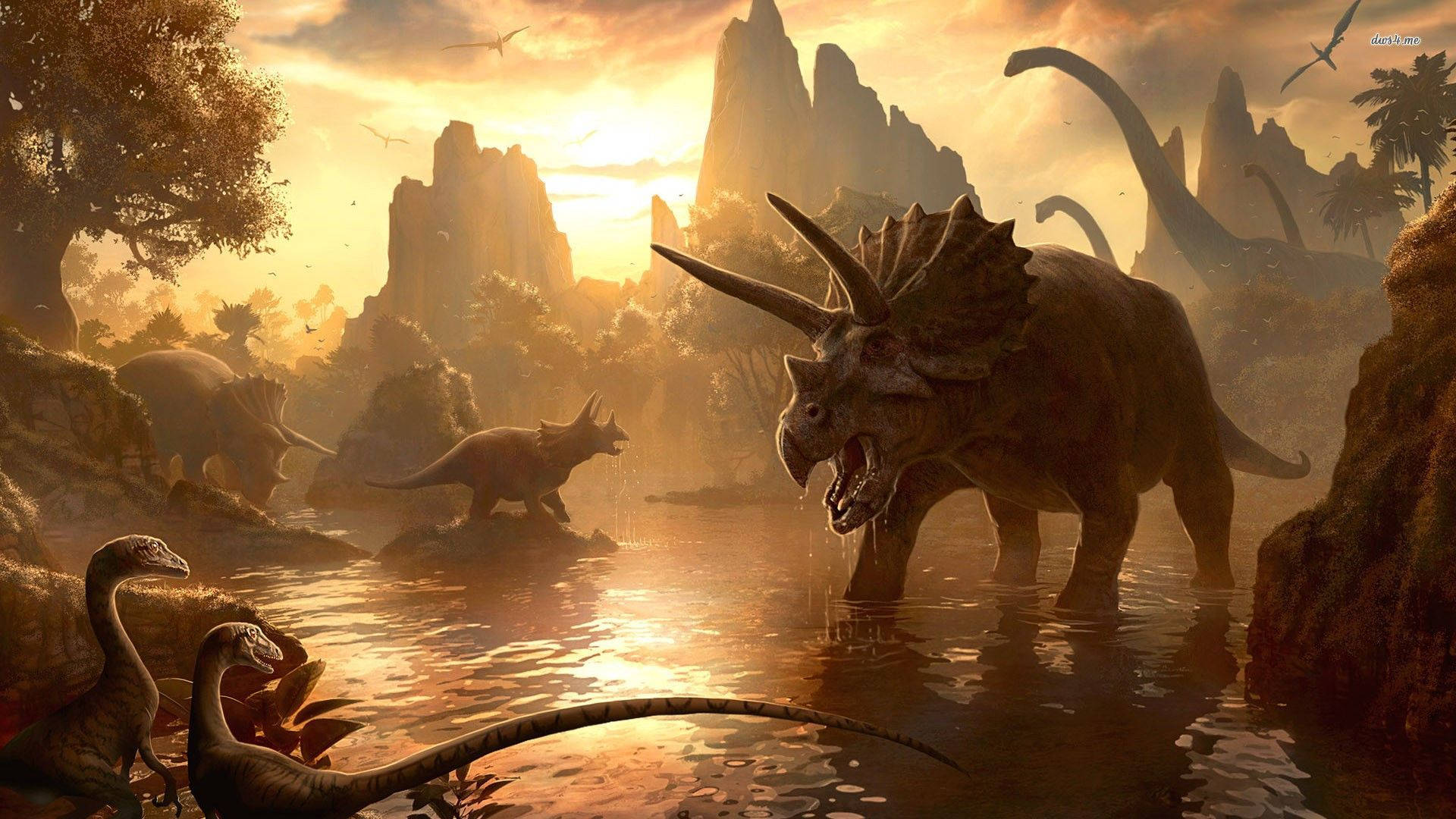 triceratops, golden sunset, river, Full HD Desktop Wallpaper