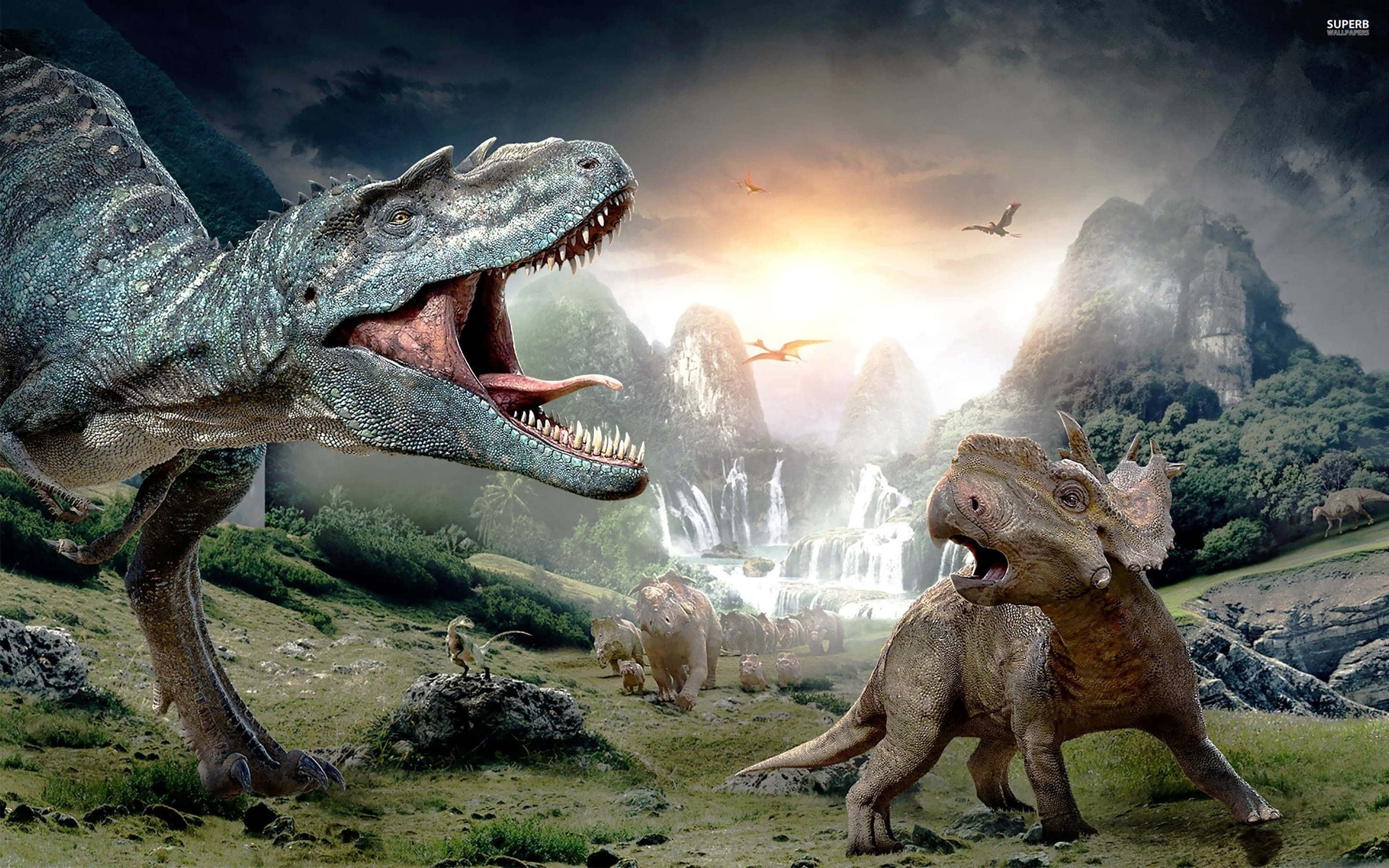 tyrannosaurus, triceratops, misty prehistoric valley, 2K Desktop Wallpaper