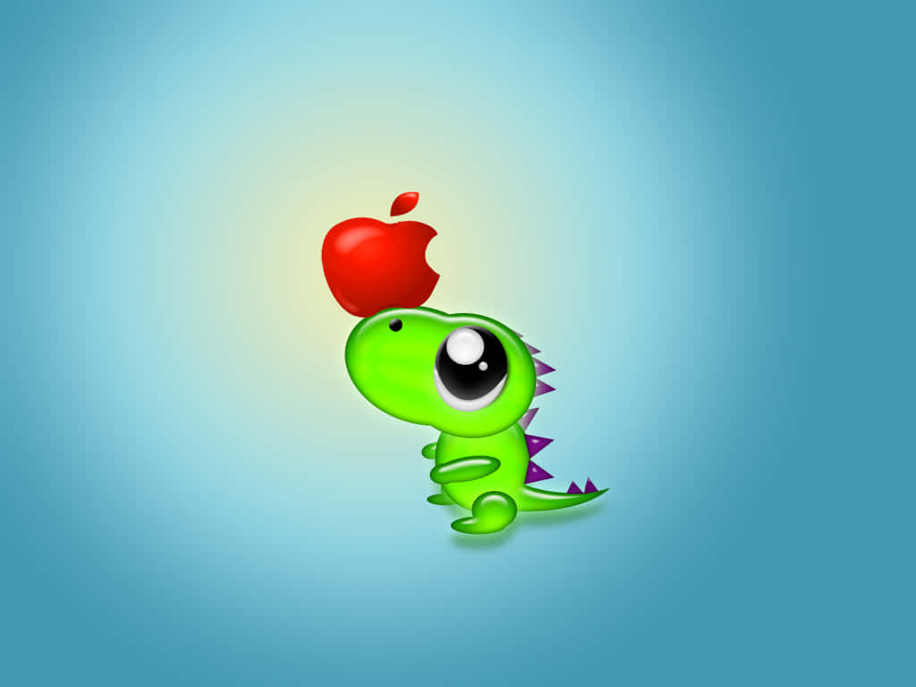 cute green cartoon dinosaur, purple spikes, red bitten apple, SD Desktop Wallpaper