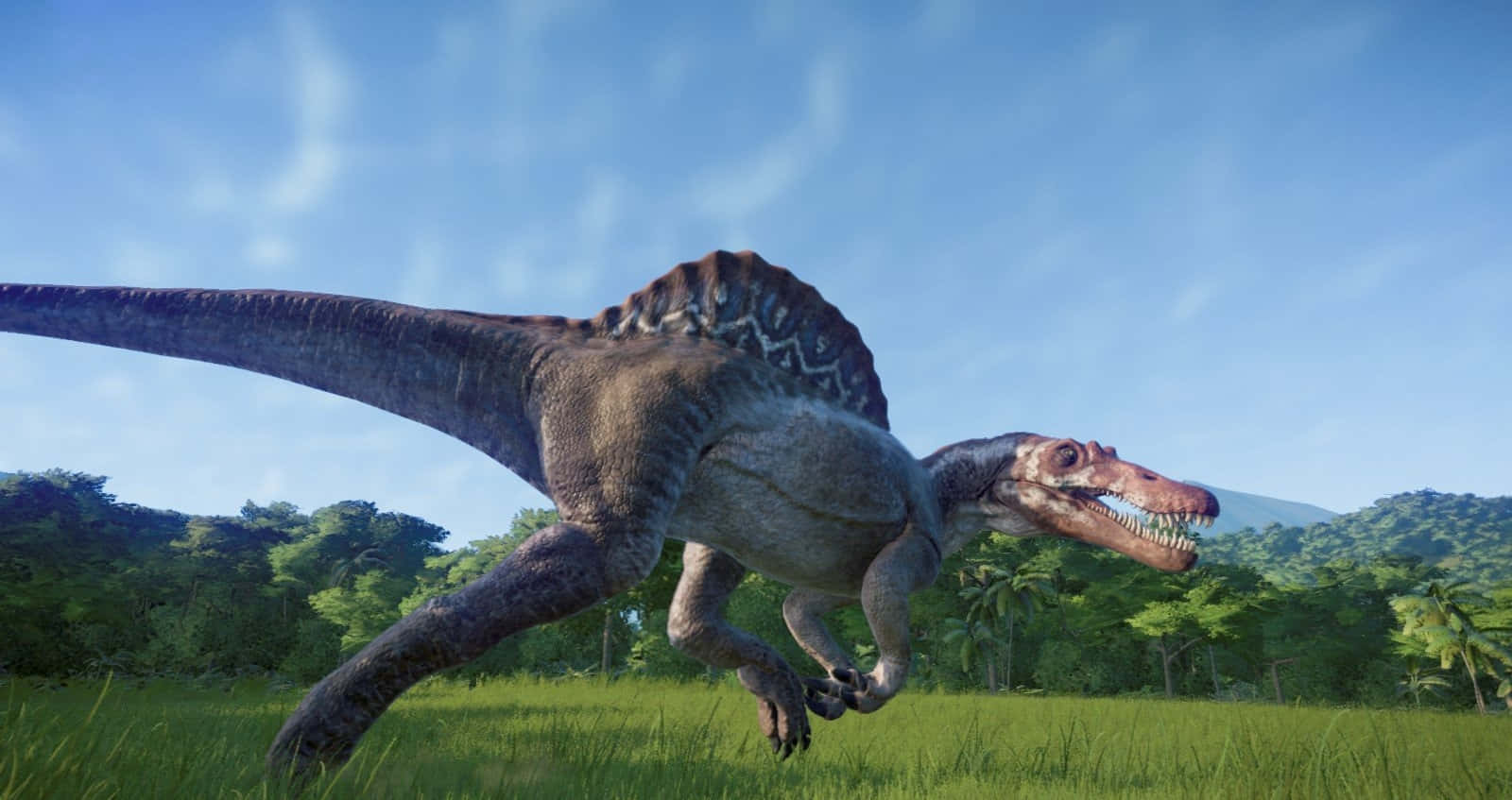 spinosaurus, lush green field, bright blue sky, HD Desktop Wallpaper