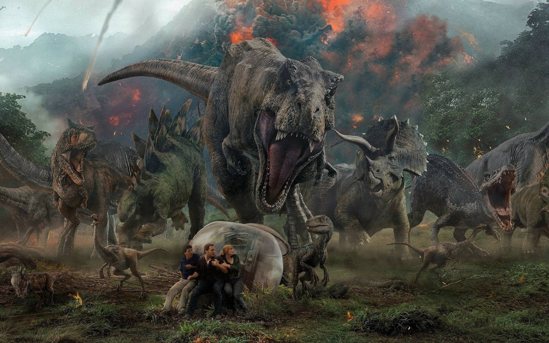 Dinosaur, roaring dinosaurs, fiery volcanic landscape, Full HD Desktop Wallpaper