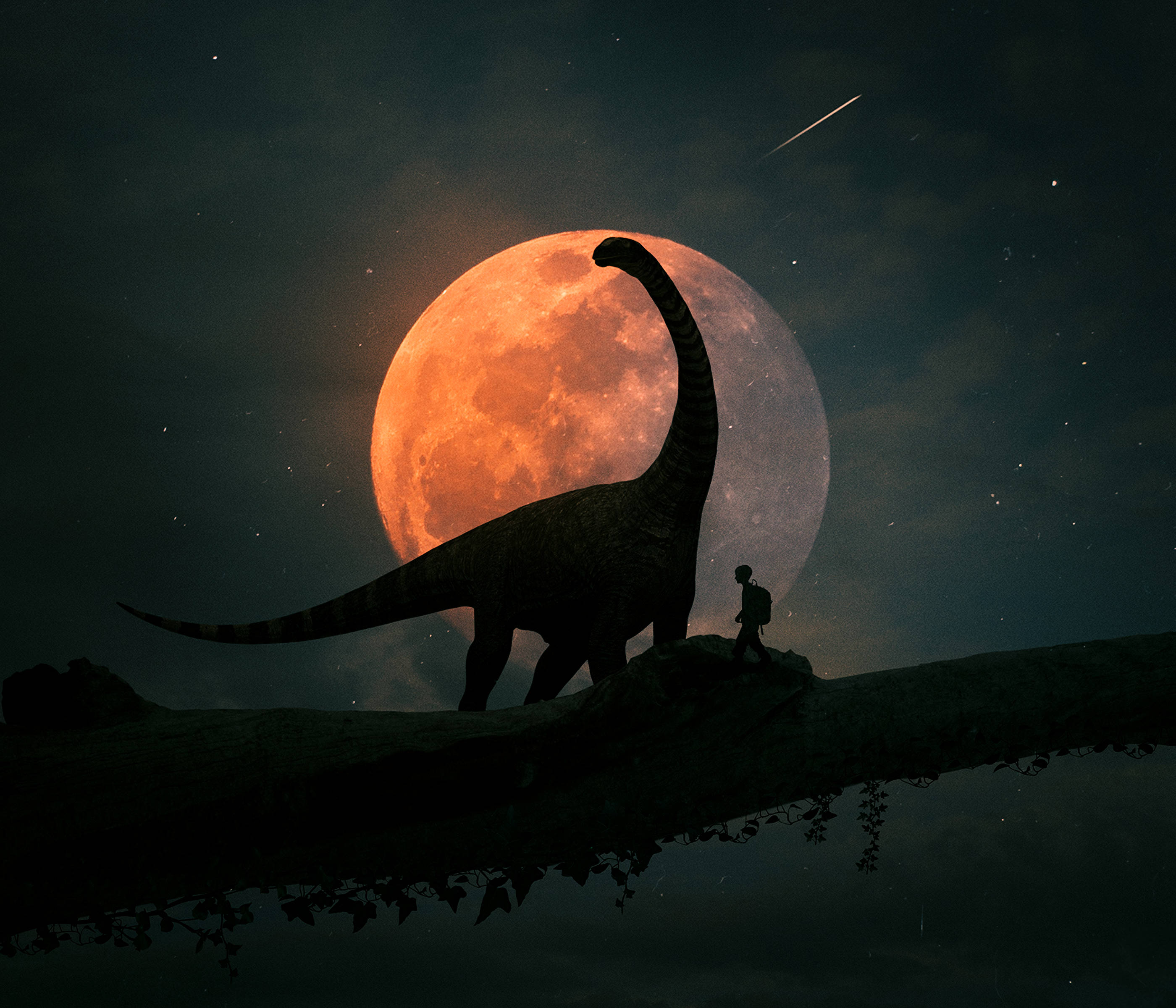 dinosaur, boy, glowing orange moon, 2K Desktop Wallpaper