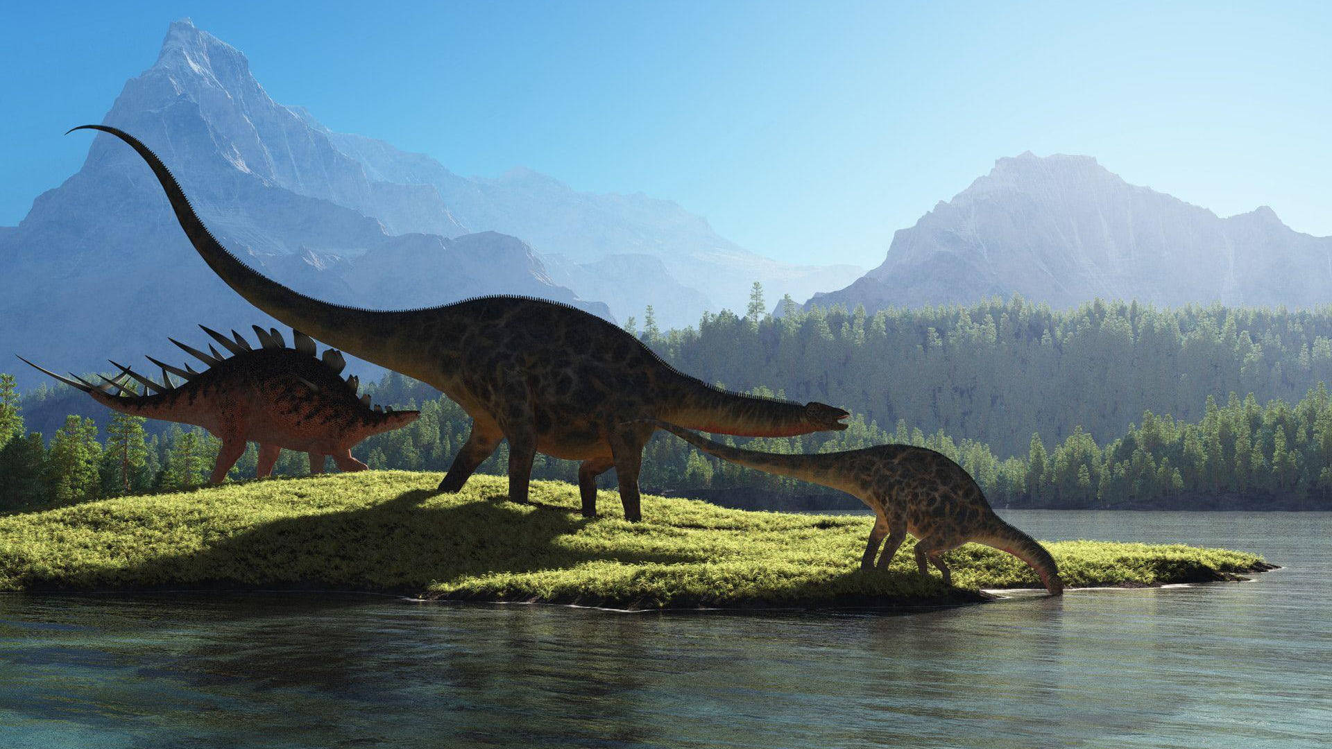 dinosaurs, grazing, grassy riverbank, Full HD Desktop Wallpaper