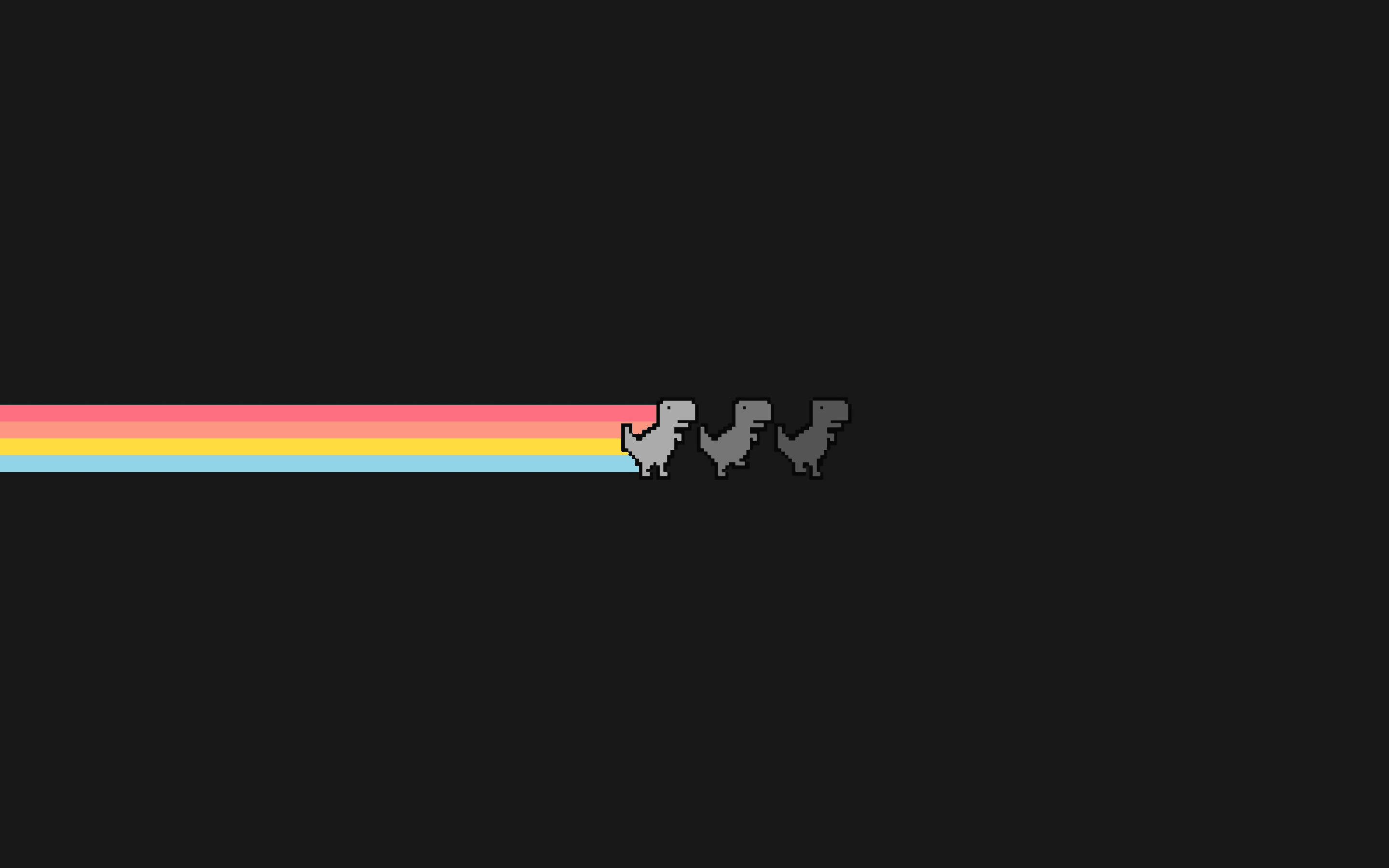 Dark Laptop Dinosaur, rainbow trail, black background, 2K Desktop Wallpaper
