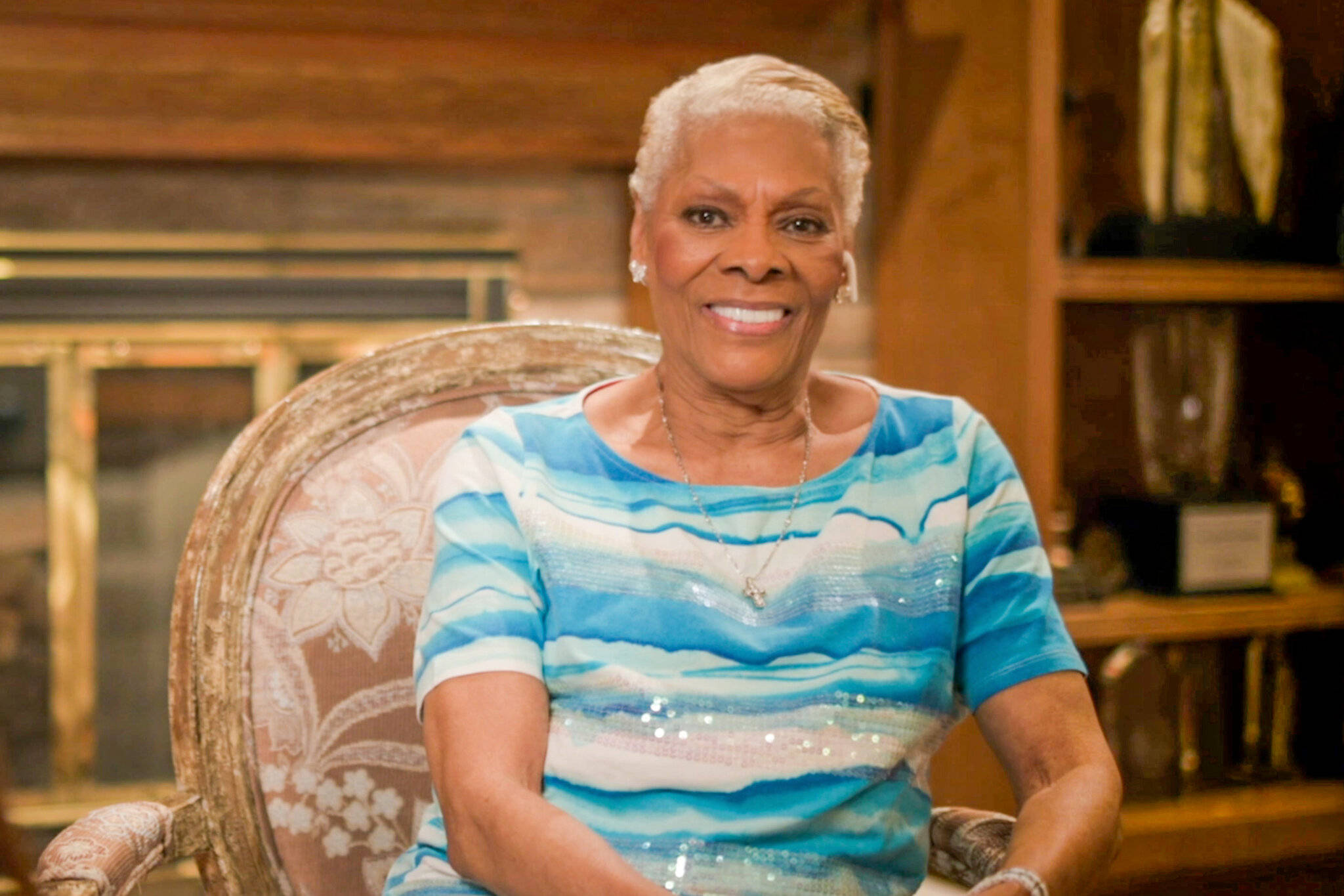 Dionne Warwick, vintage floral chair, blue and white striped sequined top, Full HD Desktop Wallpaper