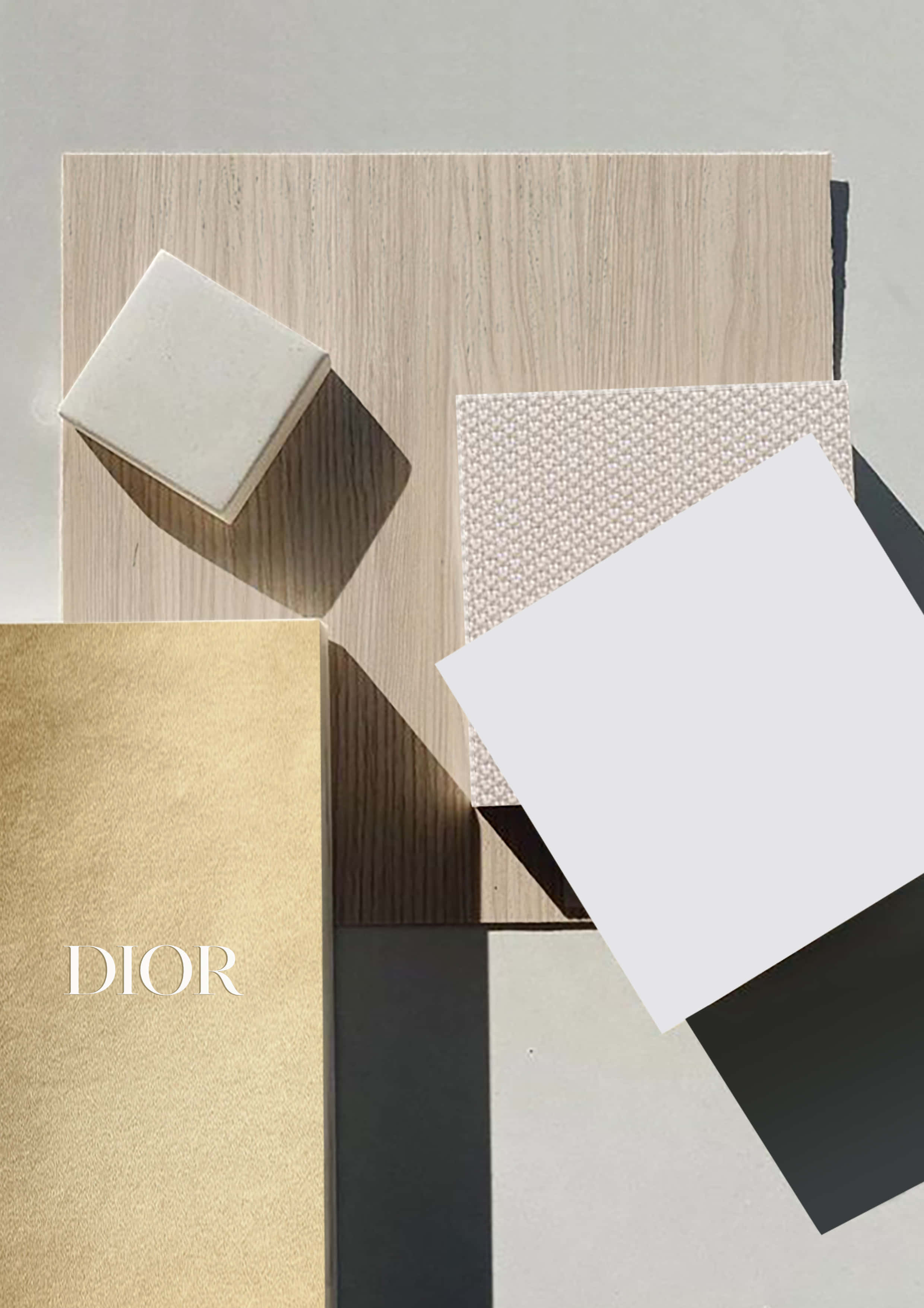 Dior, wood grain beige textured panels, gold branded box, 2K Phone Wallpaper