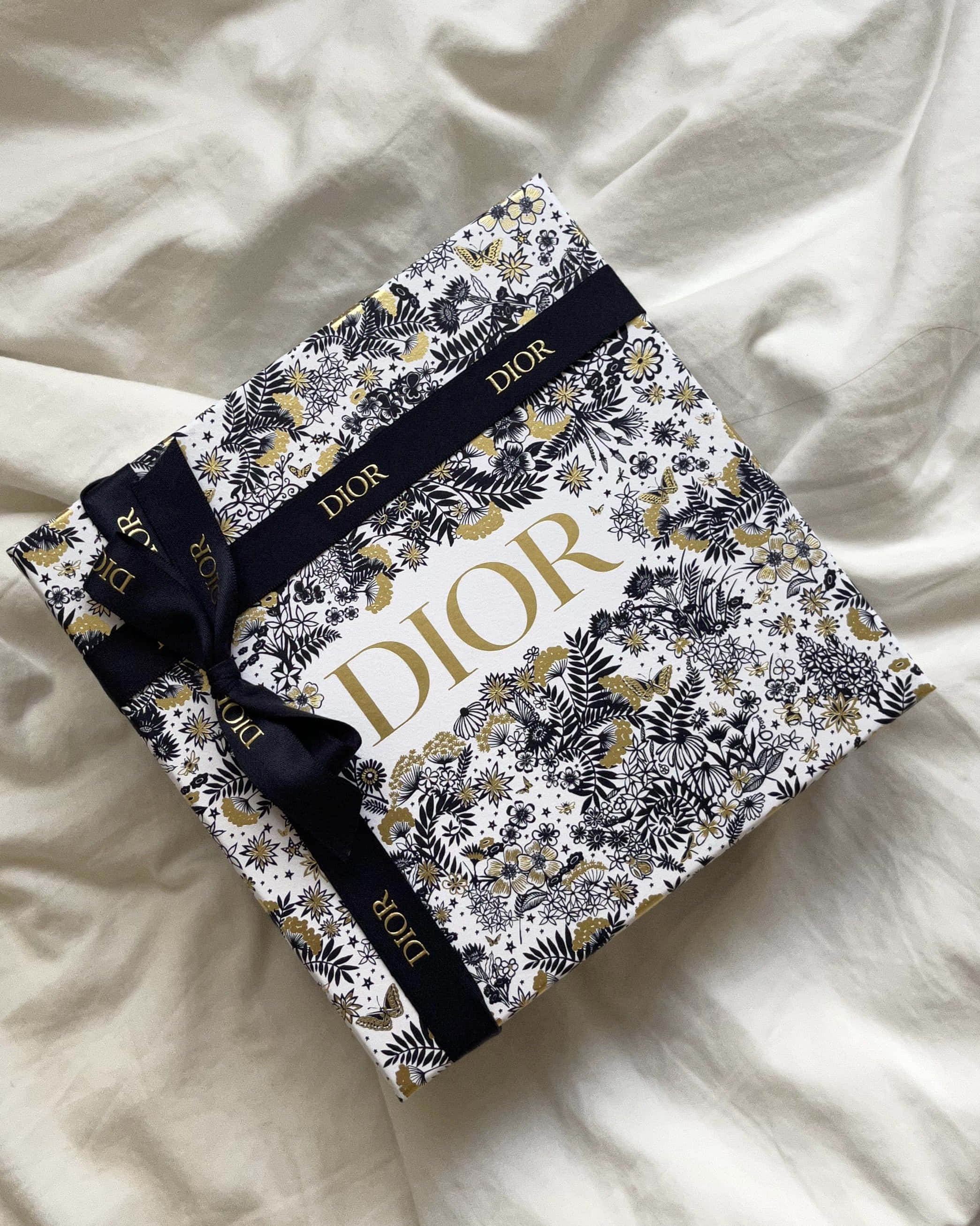 Dior, black gold floral patterns, navy ribbon, 2K Phone Wallpaper