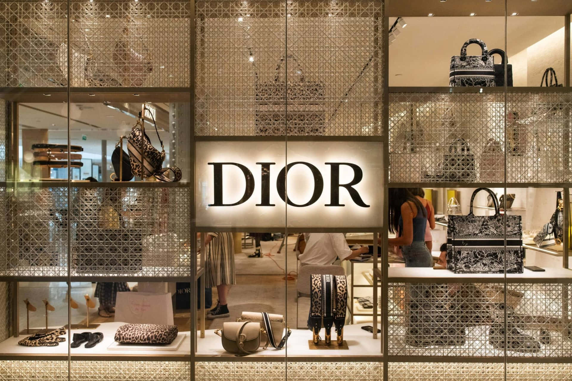 Dior, luxury boutique window display, patterned handbags, Full HD Desktop Wallpaper
