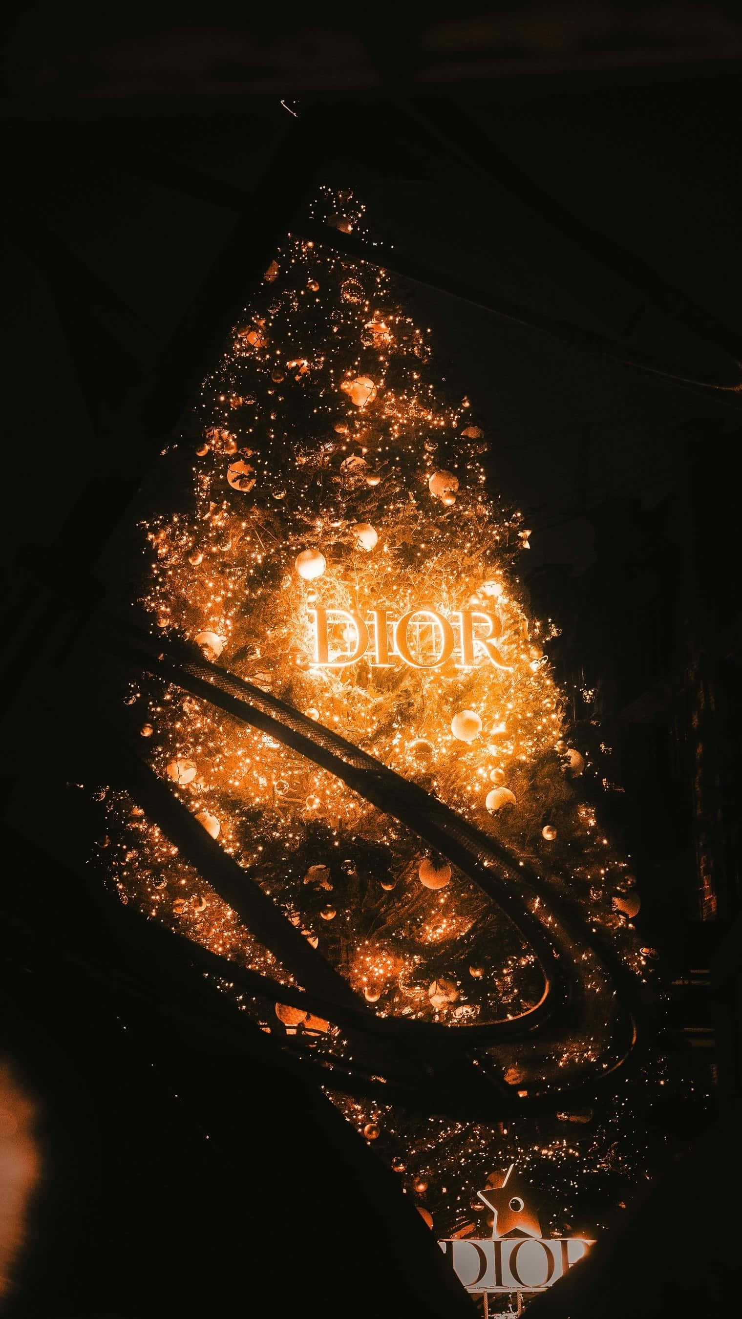 Dior, golden Christmas tree, sparkling lights, 2K Phone Wallpaper