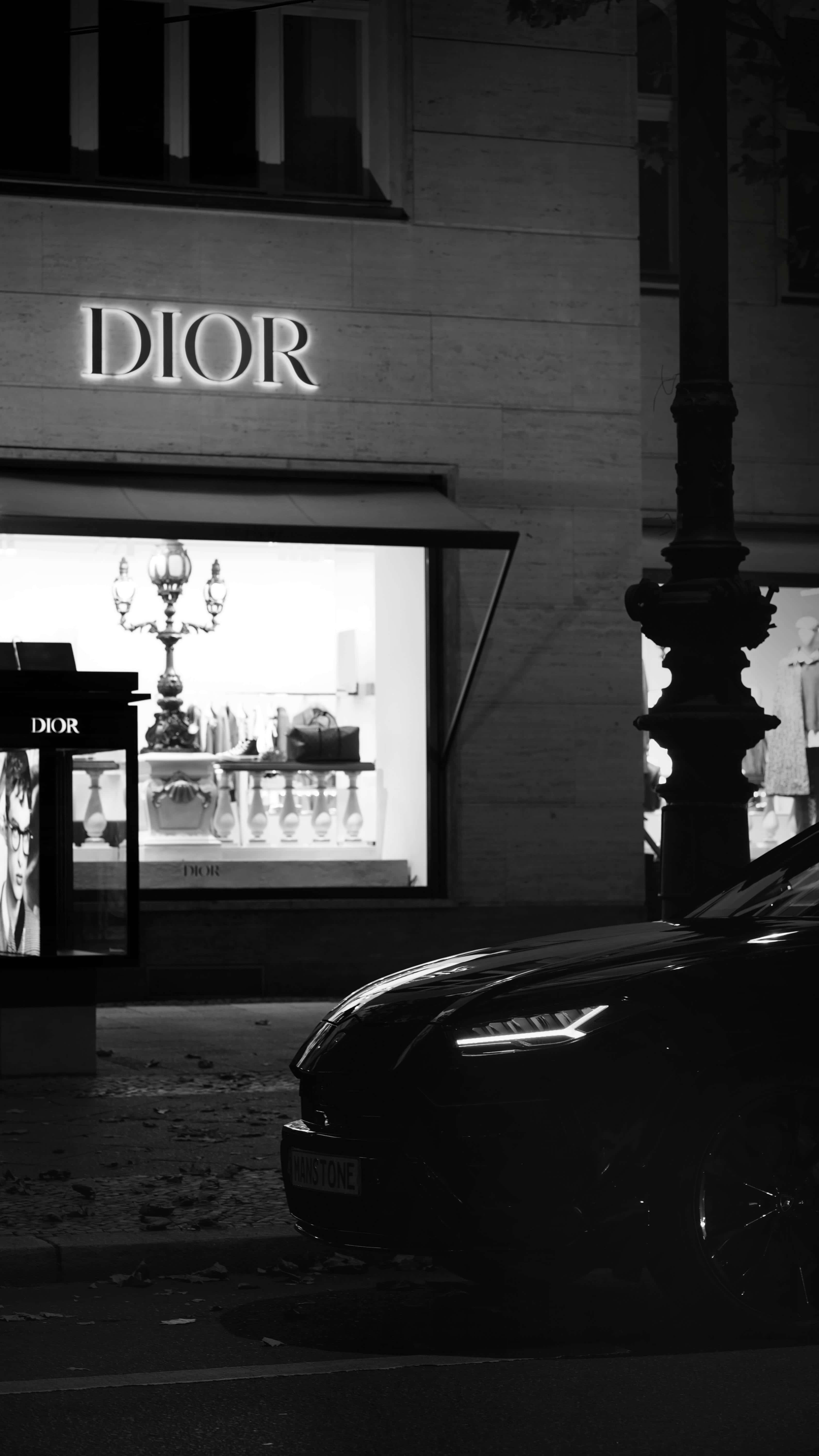 Dior, storefront, night scene, 5K Phone Wallpaper