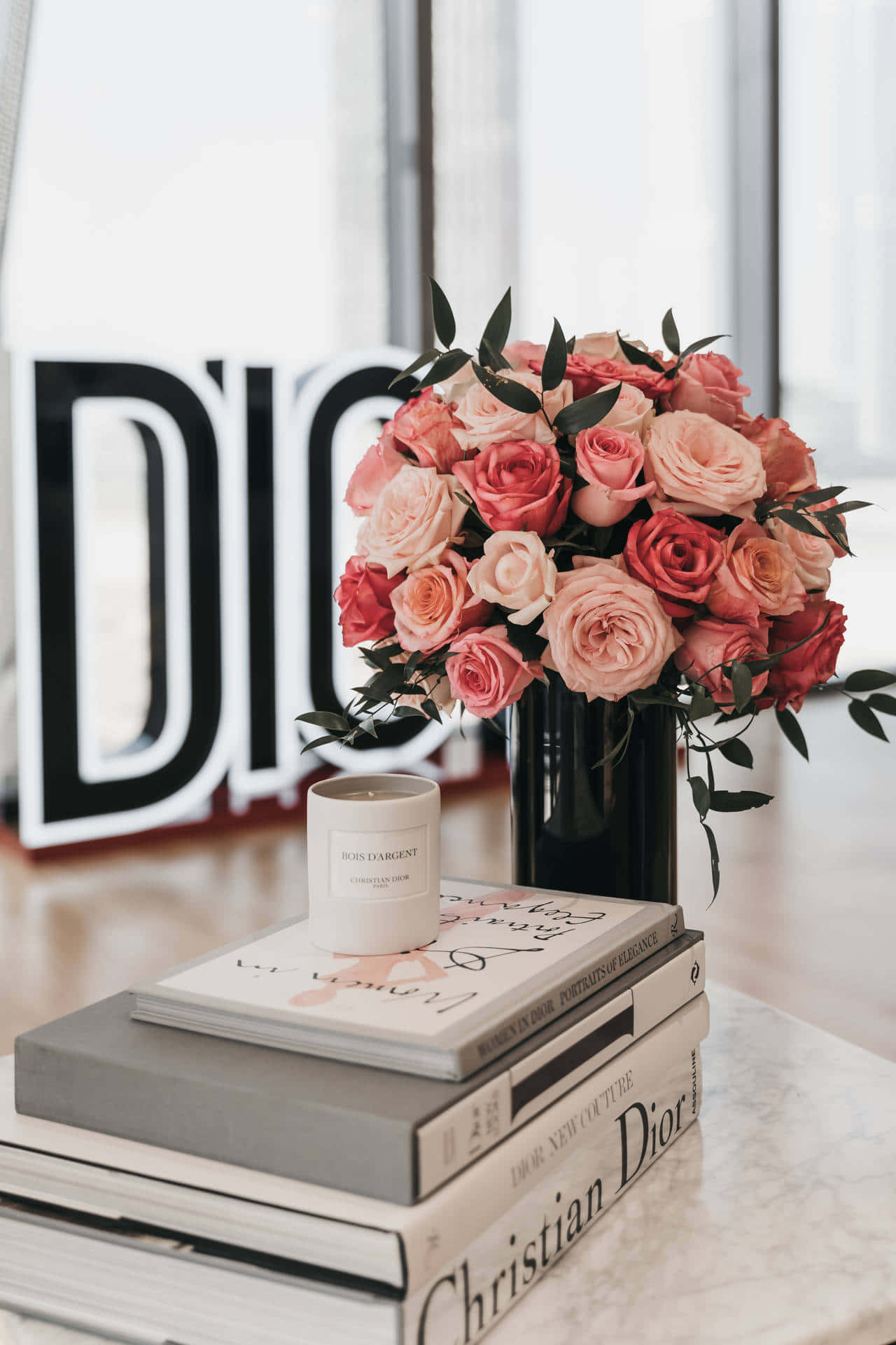 Dior, pink and coral roses, black vase, Full HD Phone Wallpaper