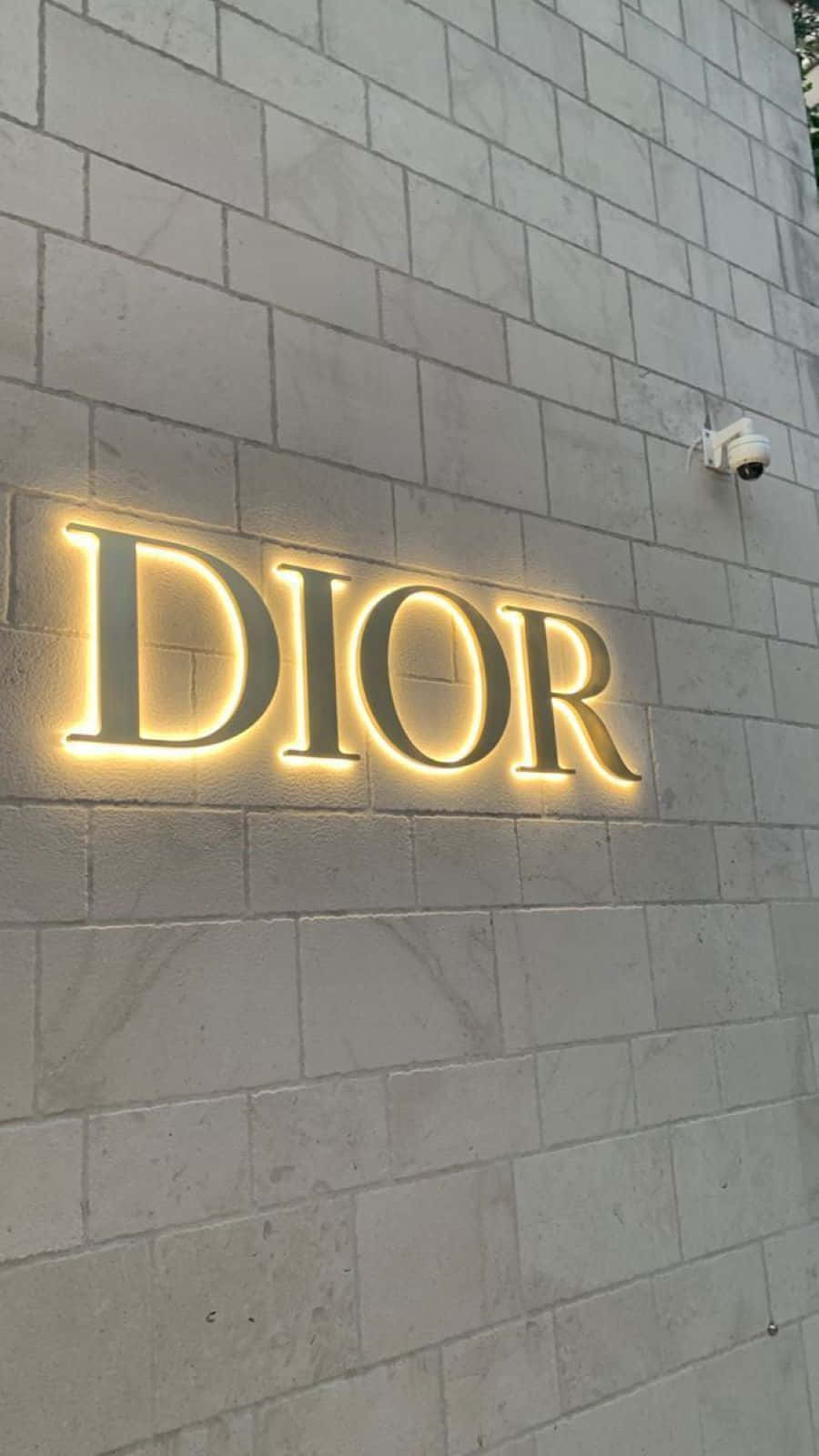 Dior, glowing gold Dior sign, light gray tiled wall, HD Phone Wallpaper