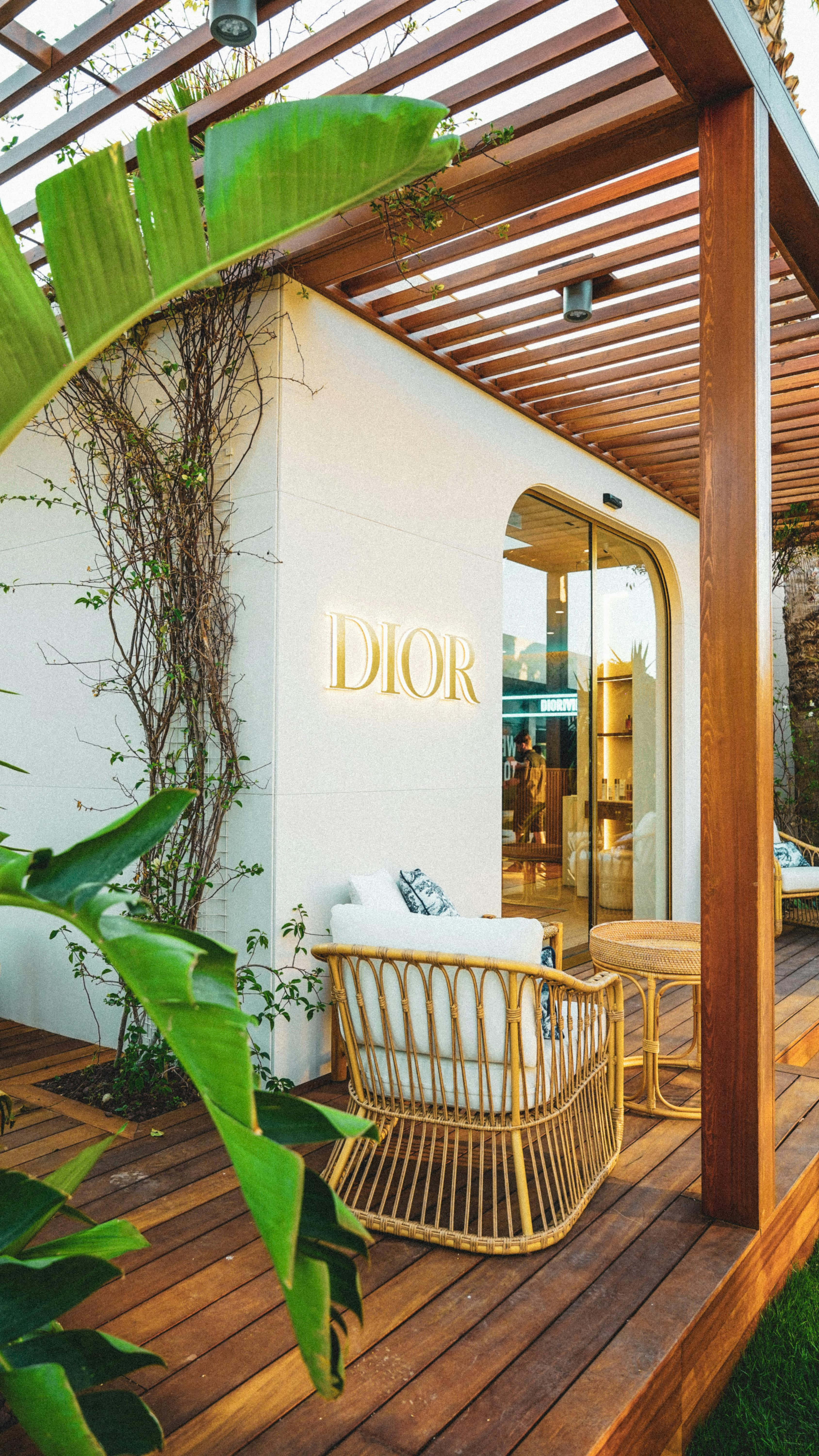 Dior, store exterior, tropical setting, 5K Phone Wallpaper