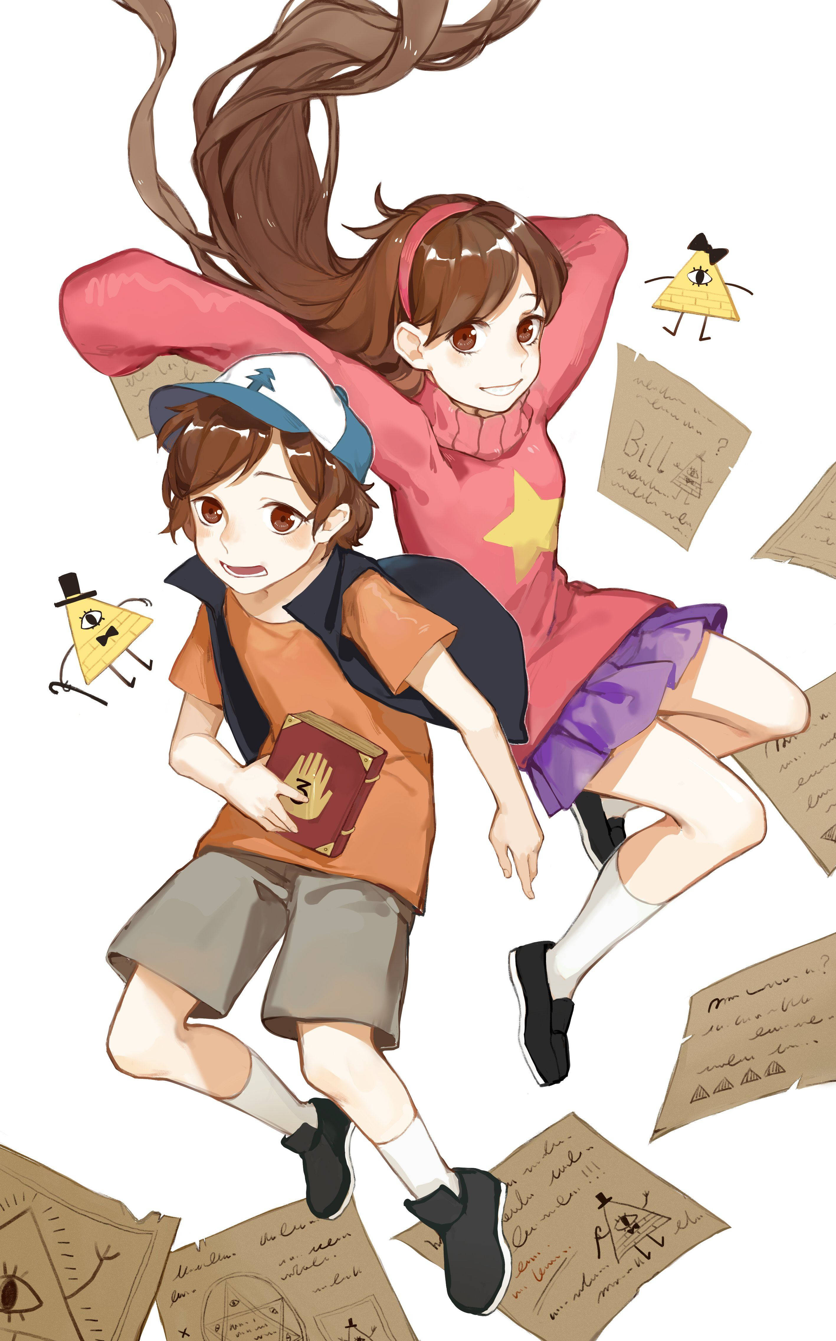 Dipper Pines, anime, floating papers, 4K Phone Wallpaper