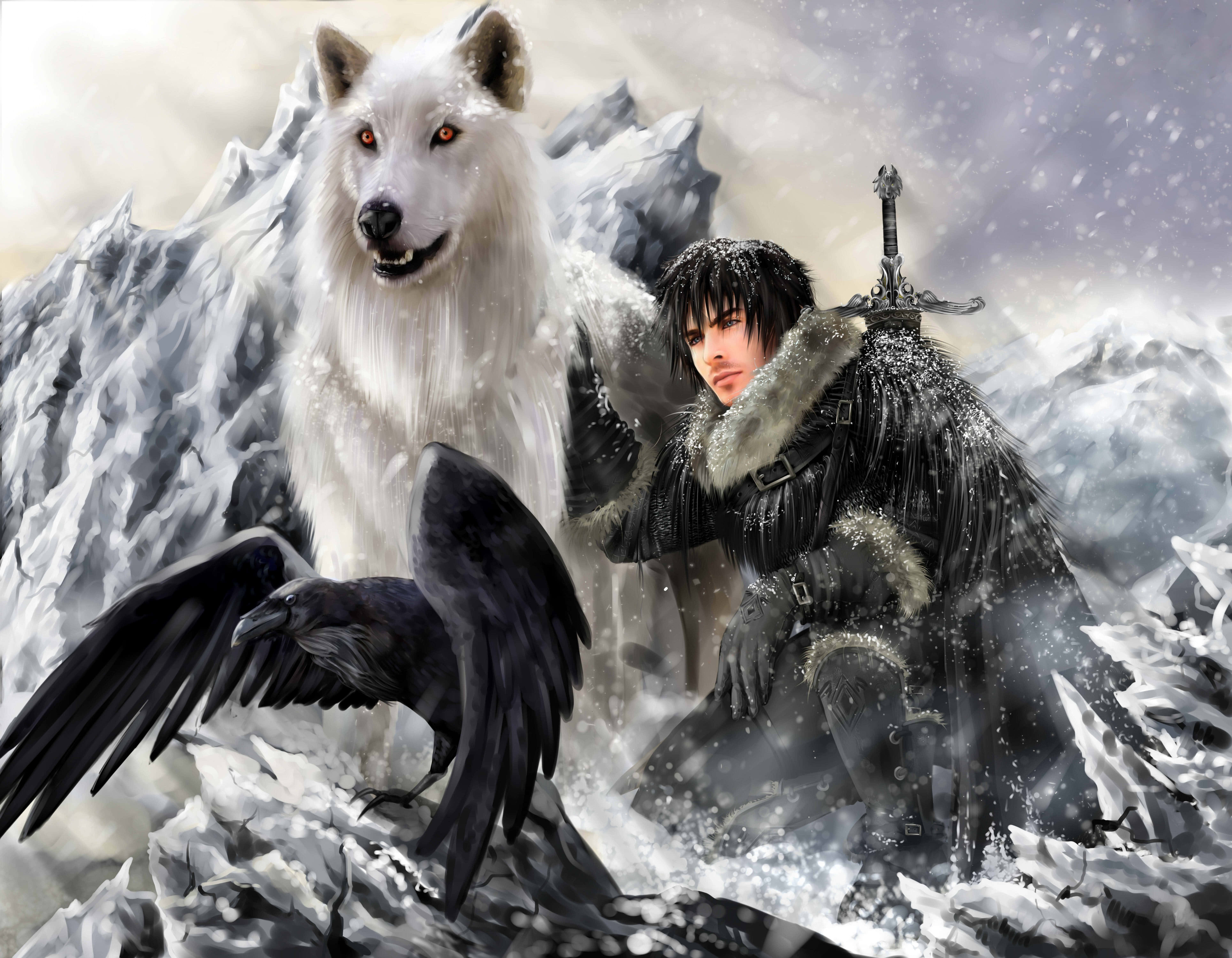 Dire Wolf, white wolf, black raven, 5K Desktop Wallpaper