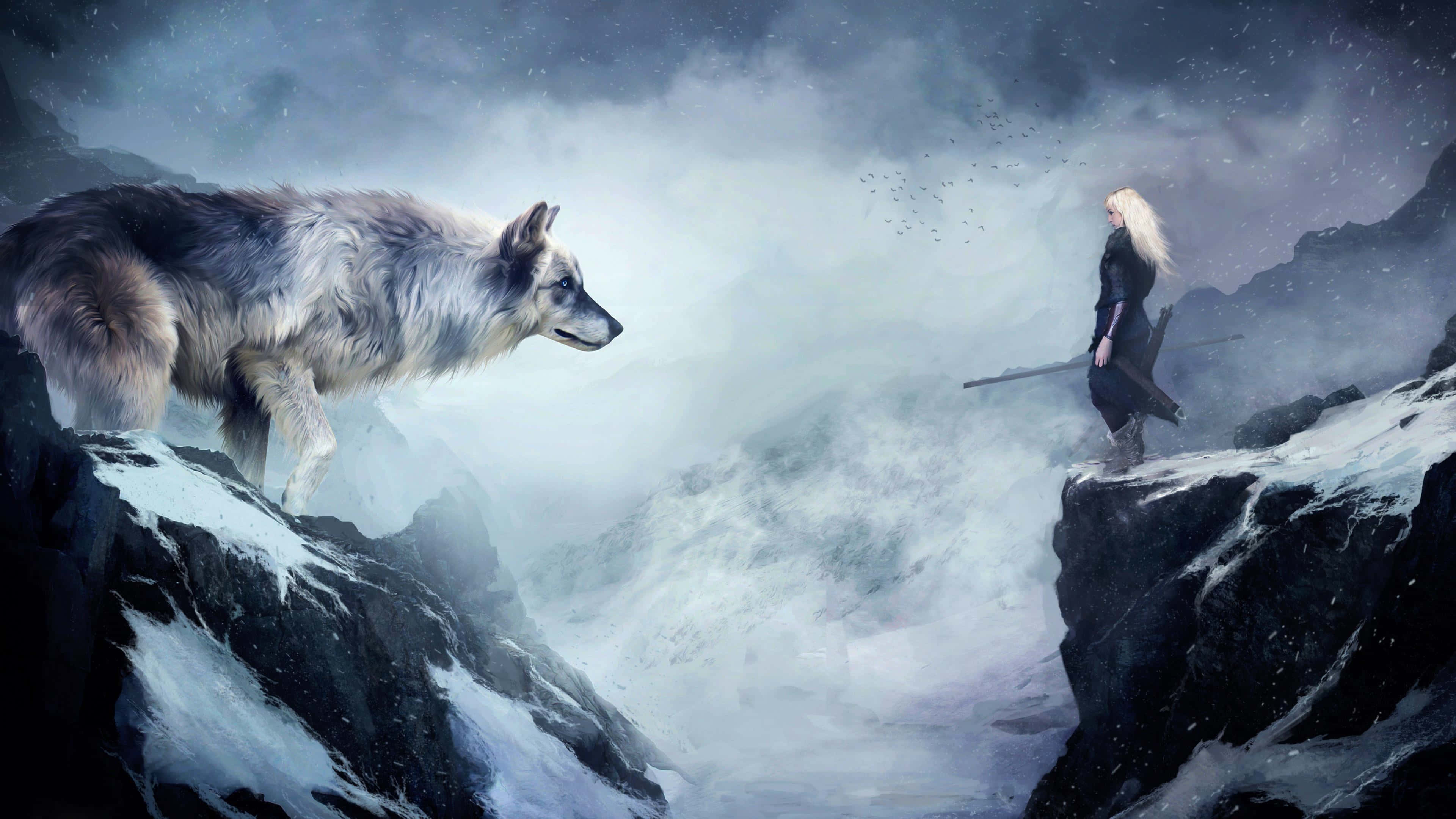 Dire Wolf, snowy cliff, stormy mountain pass, 4K Desktop Wallpaper