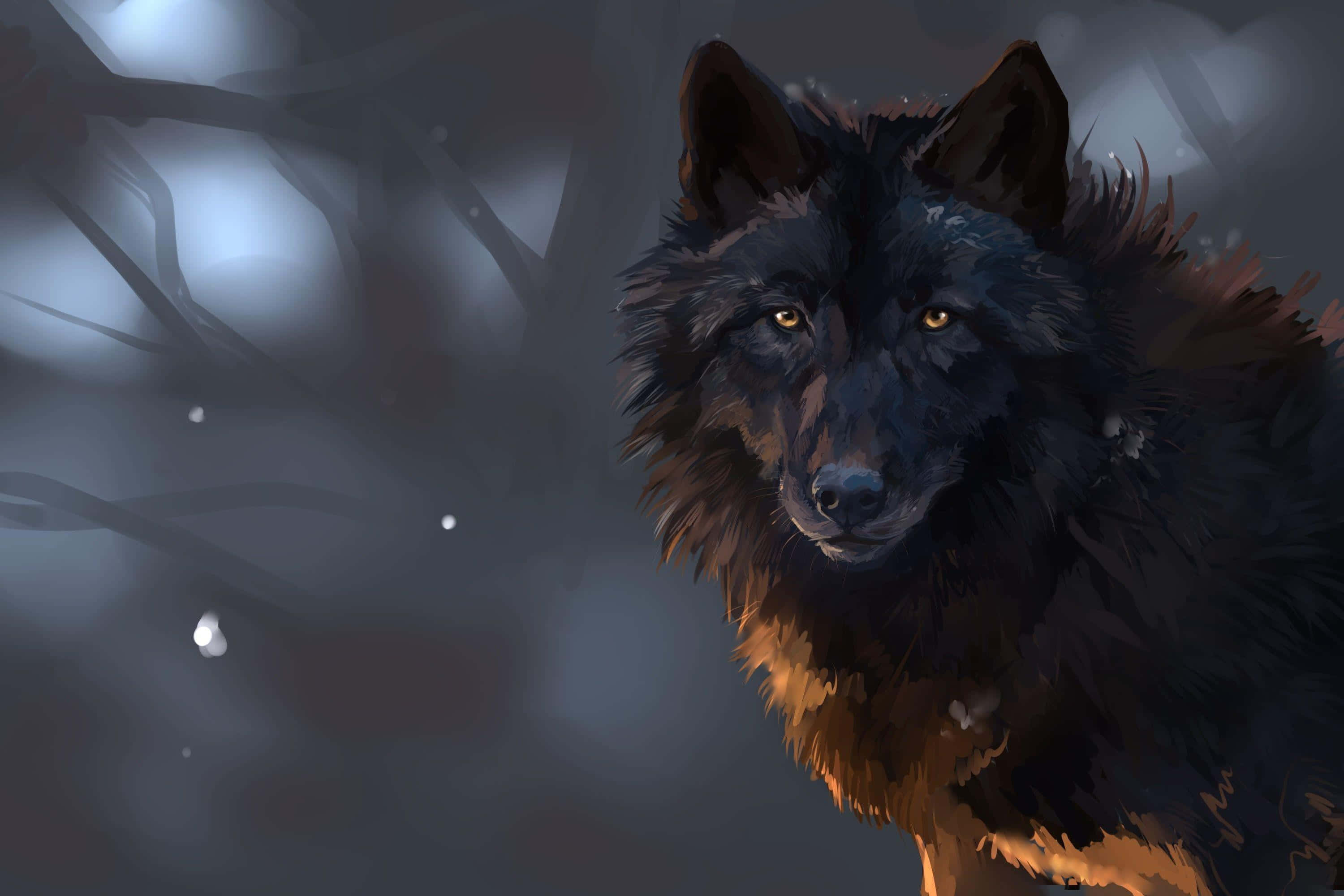 Dire Wolf, black wolf, glowing amber eyes, 2K Desktop Wallpaper