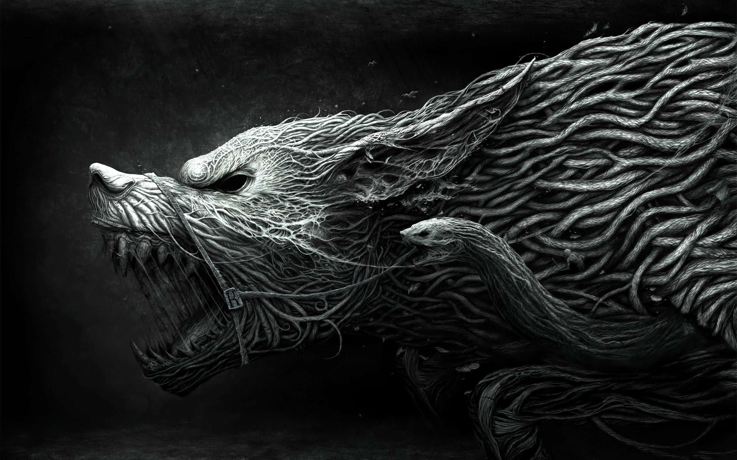 Dire Wolf, root-like fur, roars fiercely, 2K Desktop Wallpaper