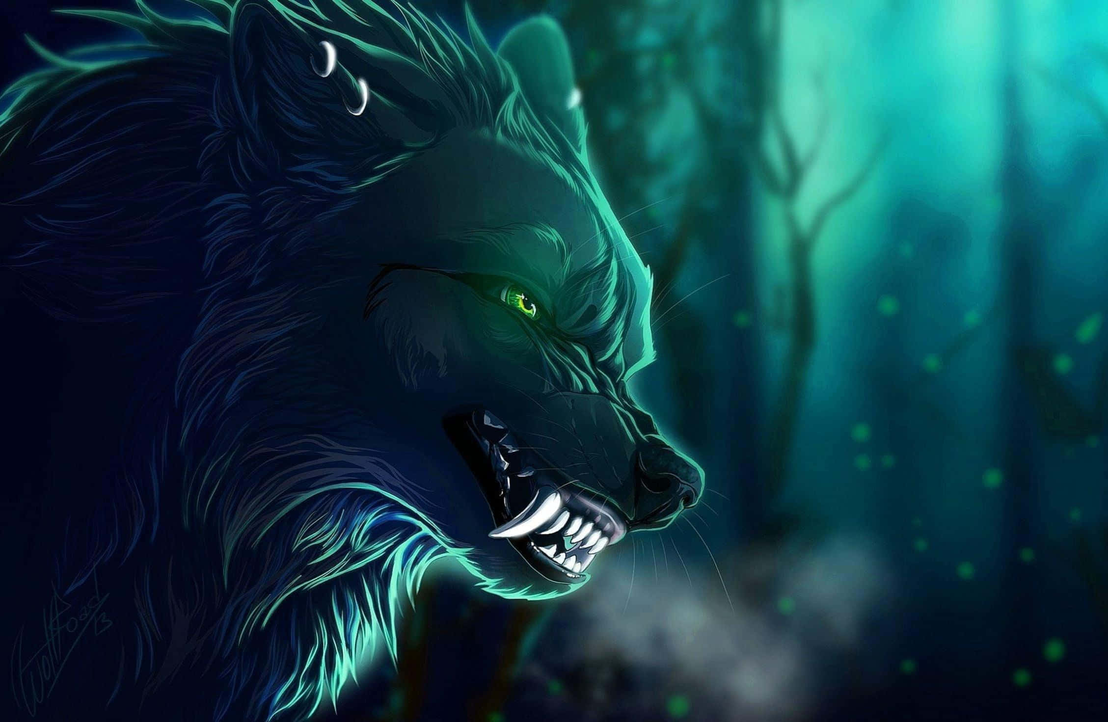 Dire Wolf, glowing green eyes, sharp teeth, Full HD Desktop Wallpaper