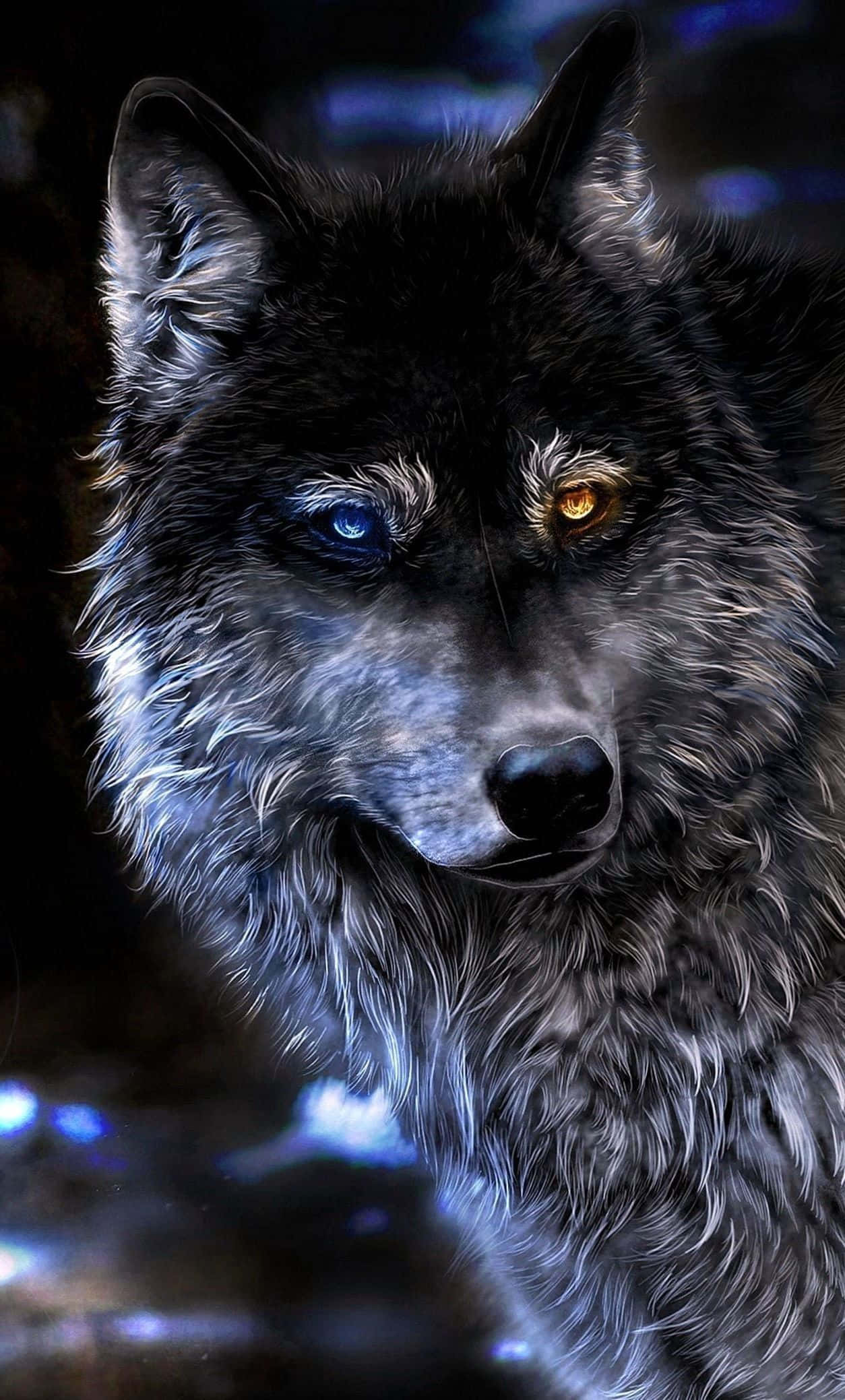 Dire Wolf, black wolf, one blue and one golden eye, Full HD Phone Wallpaper