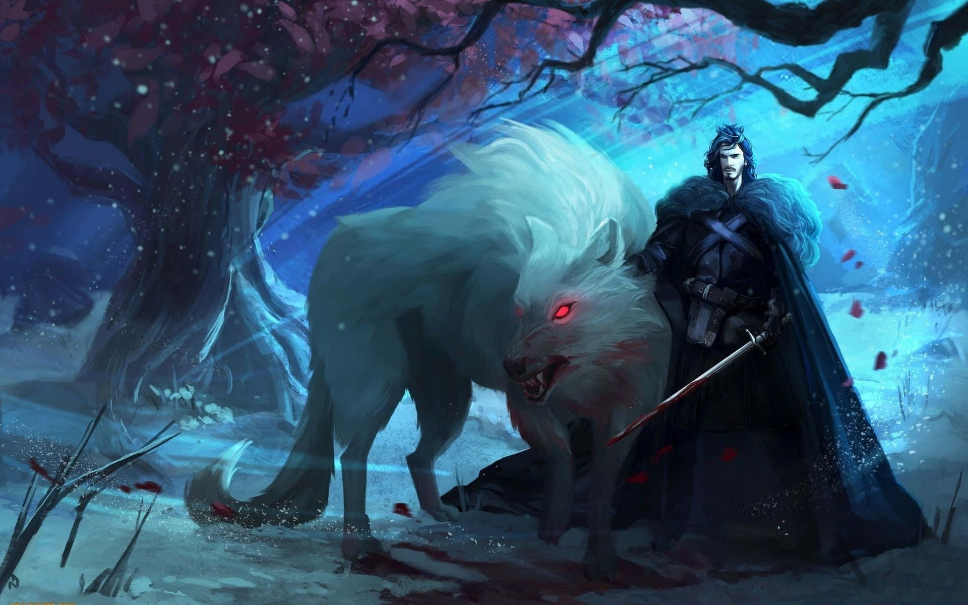 Dire Wolf, white wolf, glowing red eyes, Full HD Desktop Wallpaper