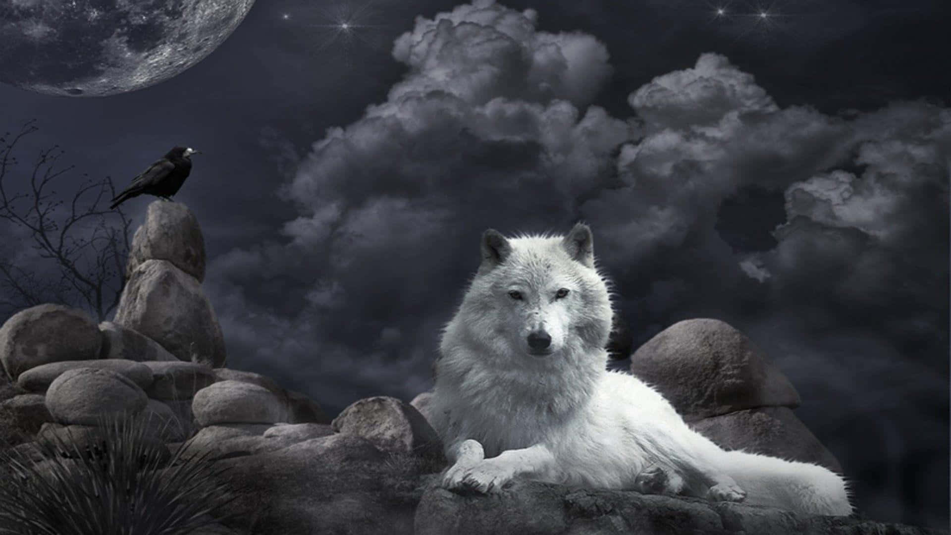Dire Wolf, full moon, starry skies, Full HD Desktop Wallpaper