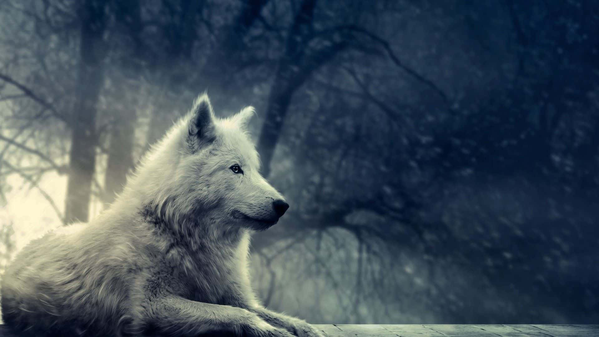 Dire Wolf, white wolf, misty forest, Full HD Desktop Wallpaper