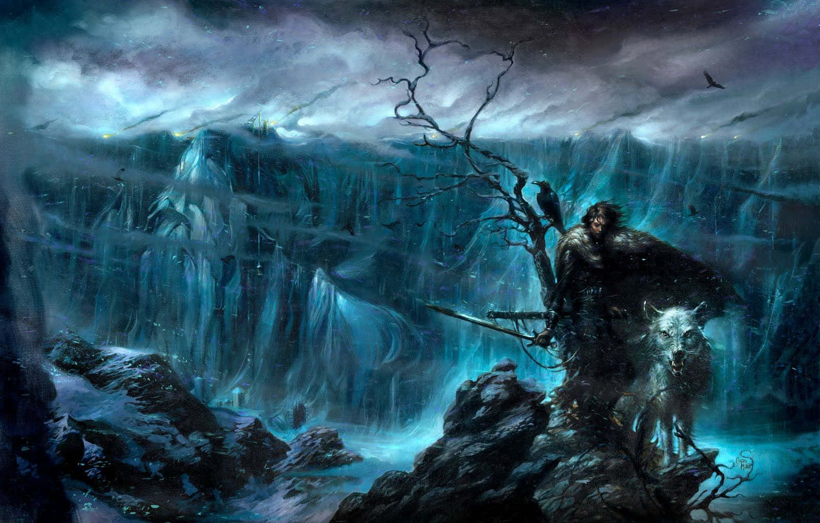 Dire Wolf, snowy cliff, stormy twilight sky, HD Desktop Wallpaper