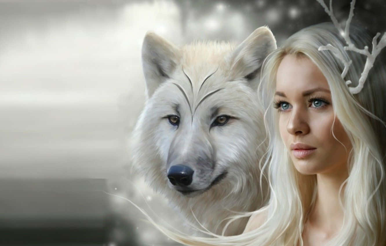 Dire Wolf, white wolf, misty gray background, HD Desktop Wallpaper